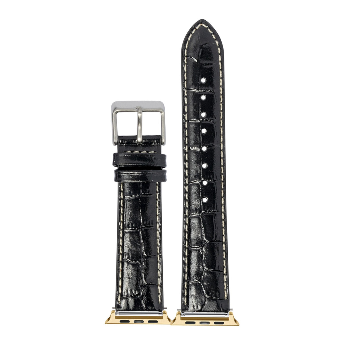 [Apple Watch] Alligator Leather - Black | White Stitching with Gold Apple Watch connecters