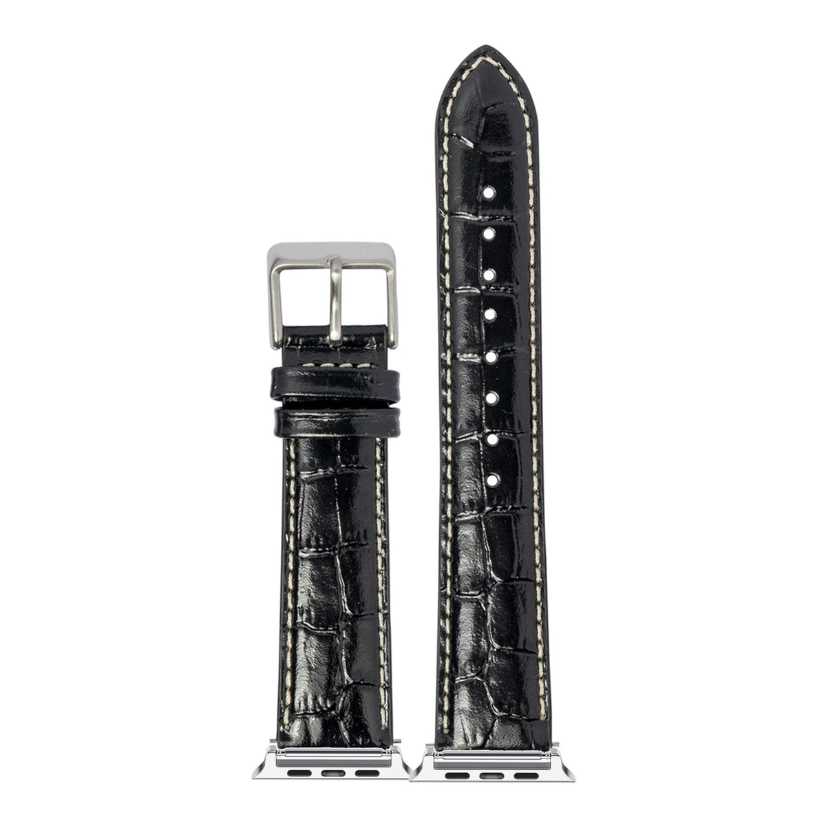 [Apple Watch] Alligator Leather - Black | White Stitching with Silver Apple Watch connecters