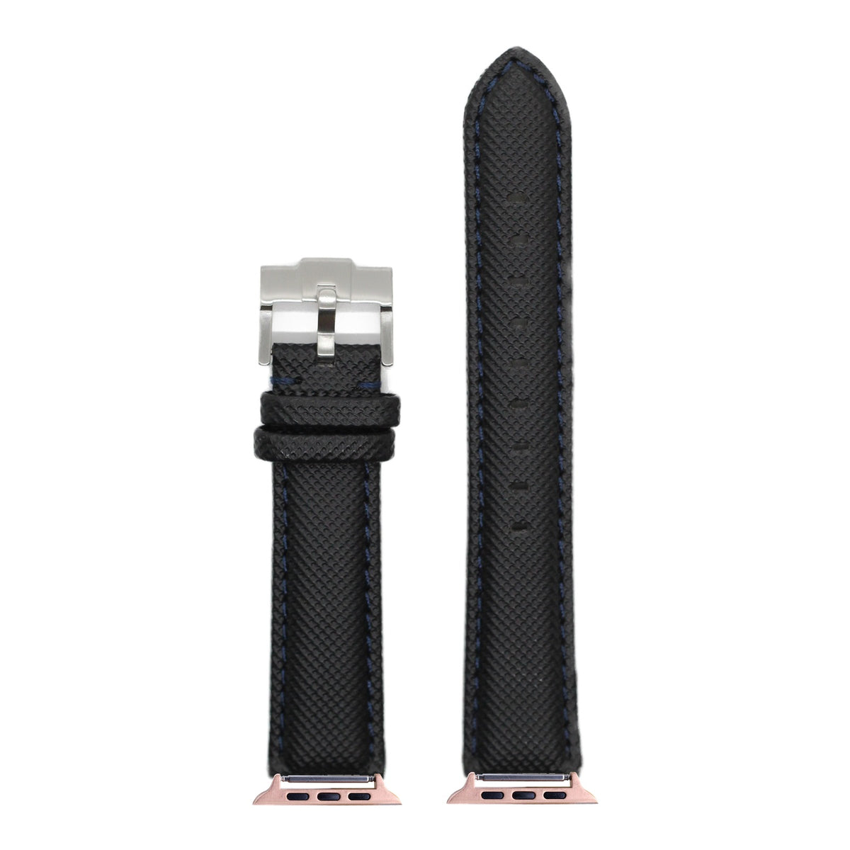 [Apple Watch] Sailcloth - Black | Navy Blue Stitching with Rose Gold Apple Watch connecters
