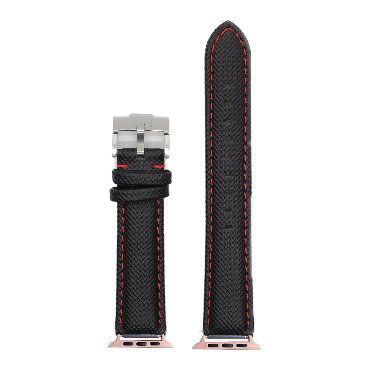 [Apple Watch] Sailcloth - Black | Red Stitching with Rose Gold Apple Watch connecters