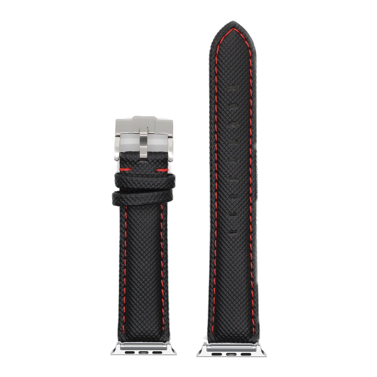 [Apple Watch] Sailcloth - Black | Red Stitching with Silver Apple Watch connecters
