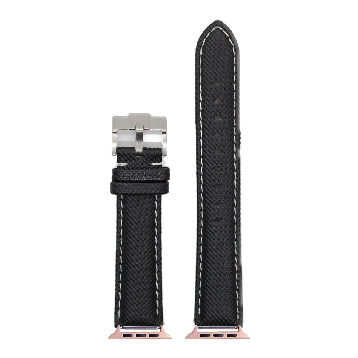 [Apple Watch] Sailcloth - Black | White Stitching with Rose Gold Apple Watch connecters