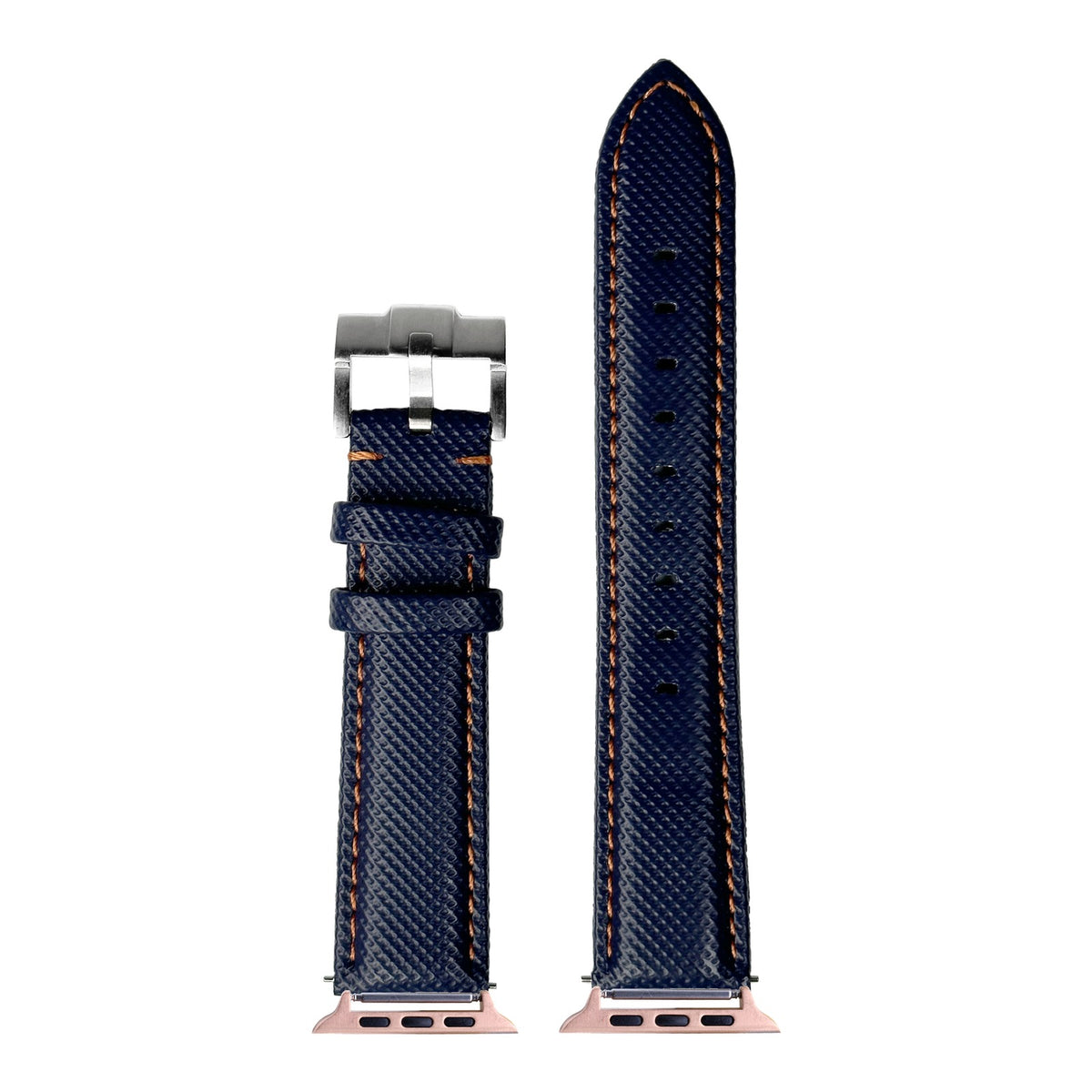 [Apple Watch] Sailcloth - Navy Blue | Orange Stitching with Rose Gold Apple Watch connecters
