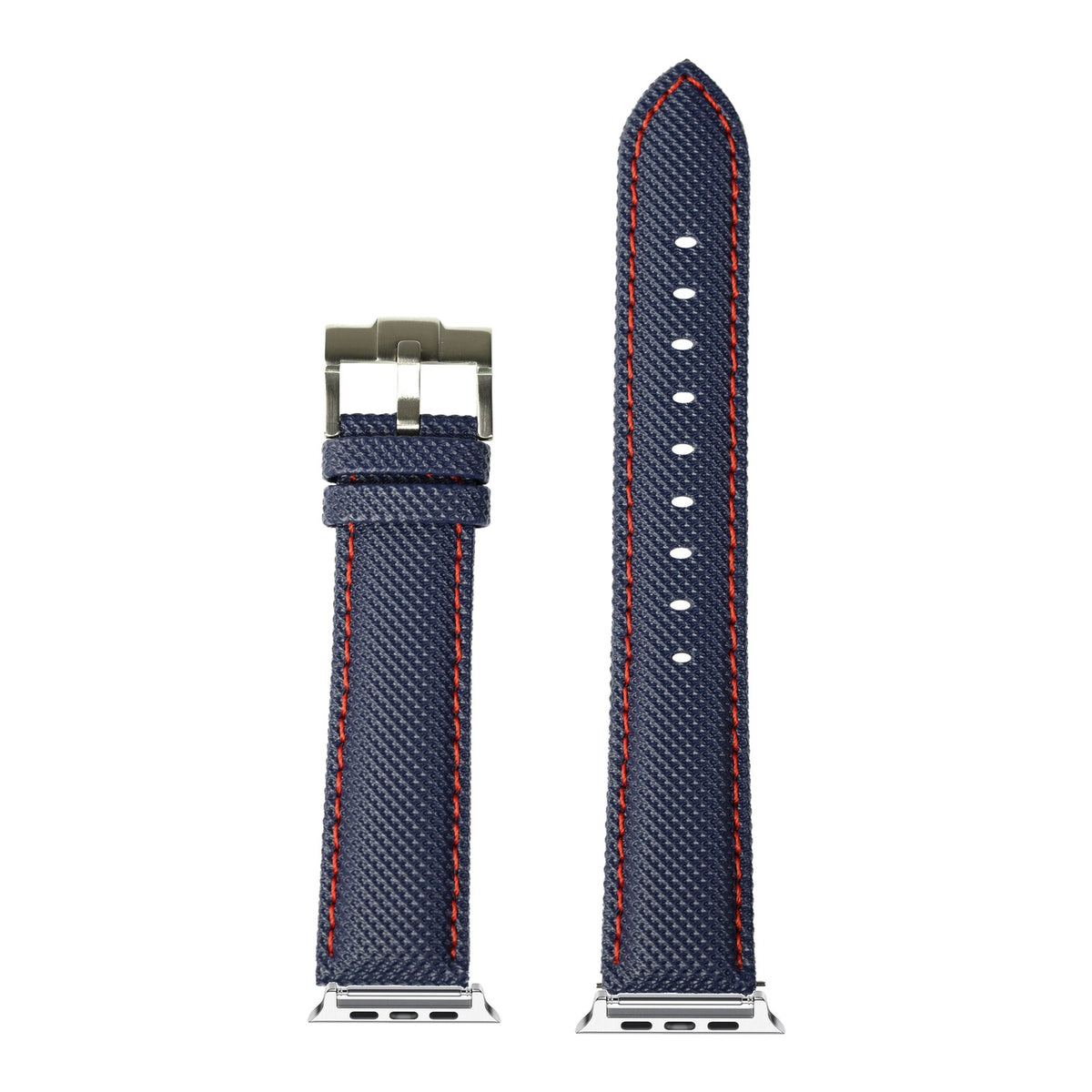 [Apple Watch] Sailcloth - Navy Blue | Red Stitching with Silver Apple Watch connecters