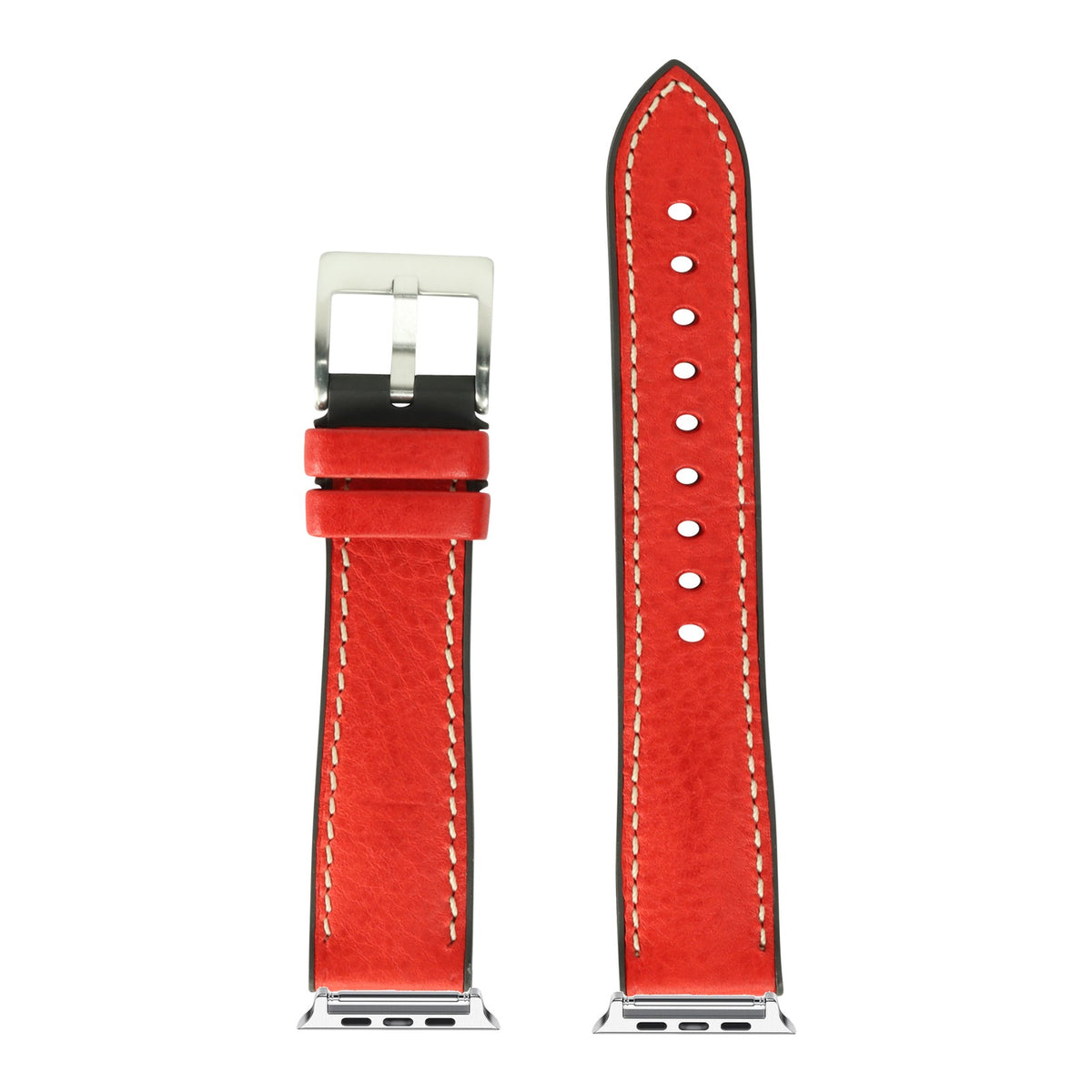 [Apple Watch] Italian Leather & FKM Rubber Hybrid - Red with Silver Apple Watch connecters