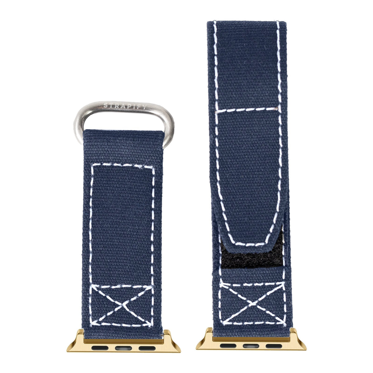 [Apple Watch] Military Velcro - Navy Blue | White Stitching with Gold Apple Watch connecters