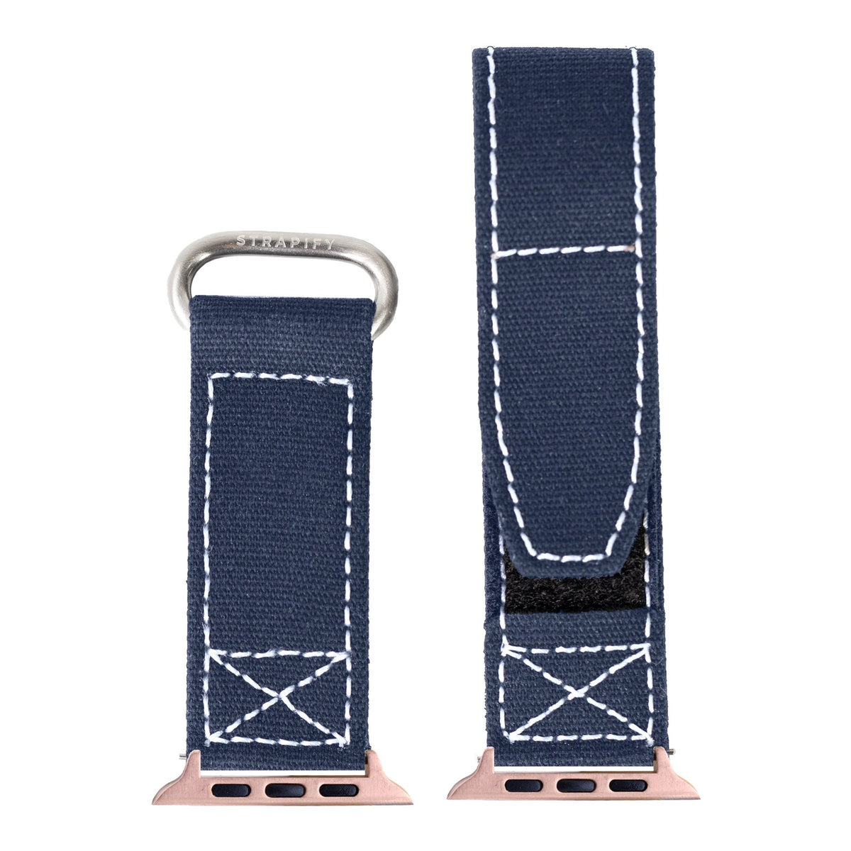 [Apple Watch] Military Velcro - Navy Blue | White Stitching with Rose Gold Apple Watch connecters