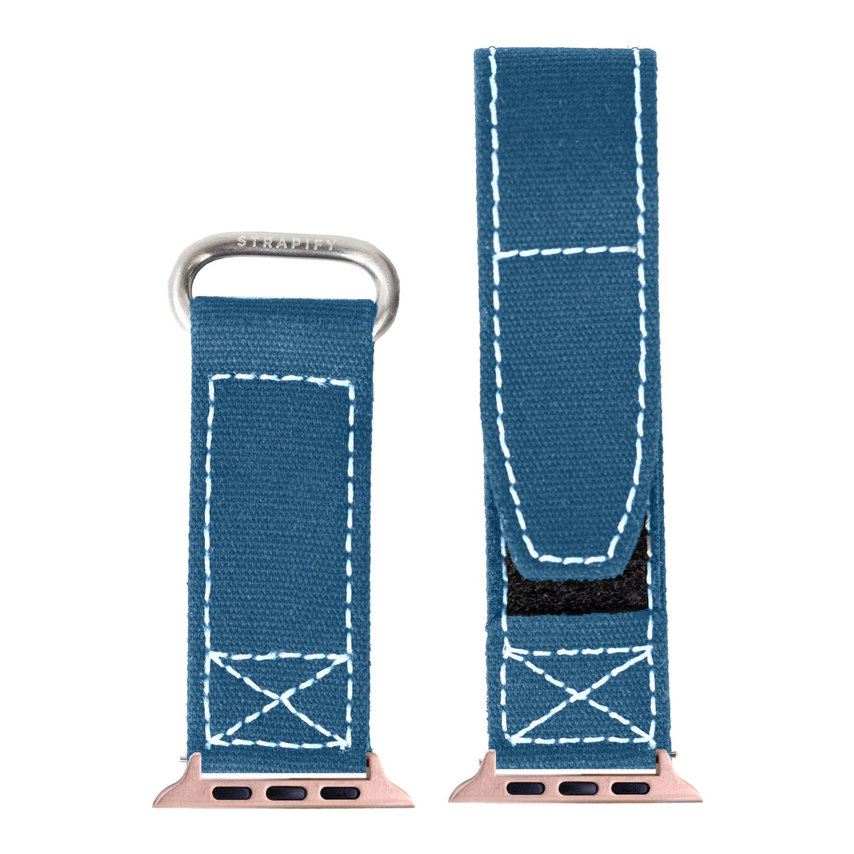 [Apple Watch] Military Velcro - Petrol Blue | White Stitching with Rose Gold Apple Watch connecters