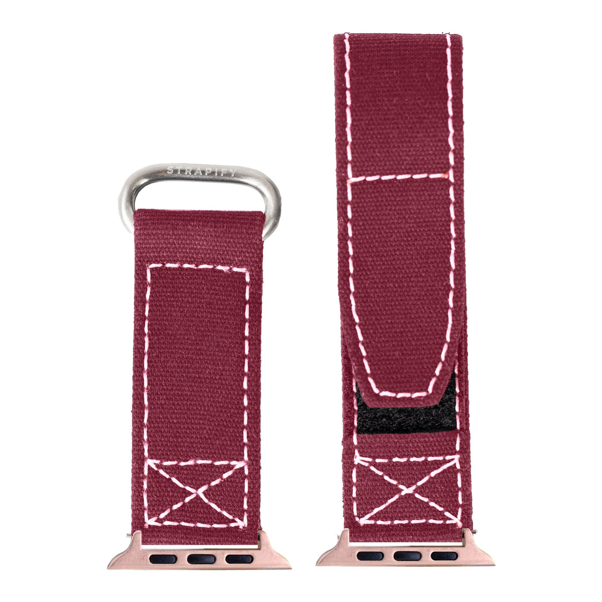 [Apple Watch] Military Velcro - Wine Red | White Stitching with Rose Gold Apple Watch connecters