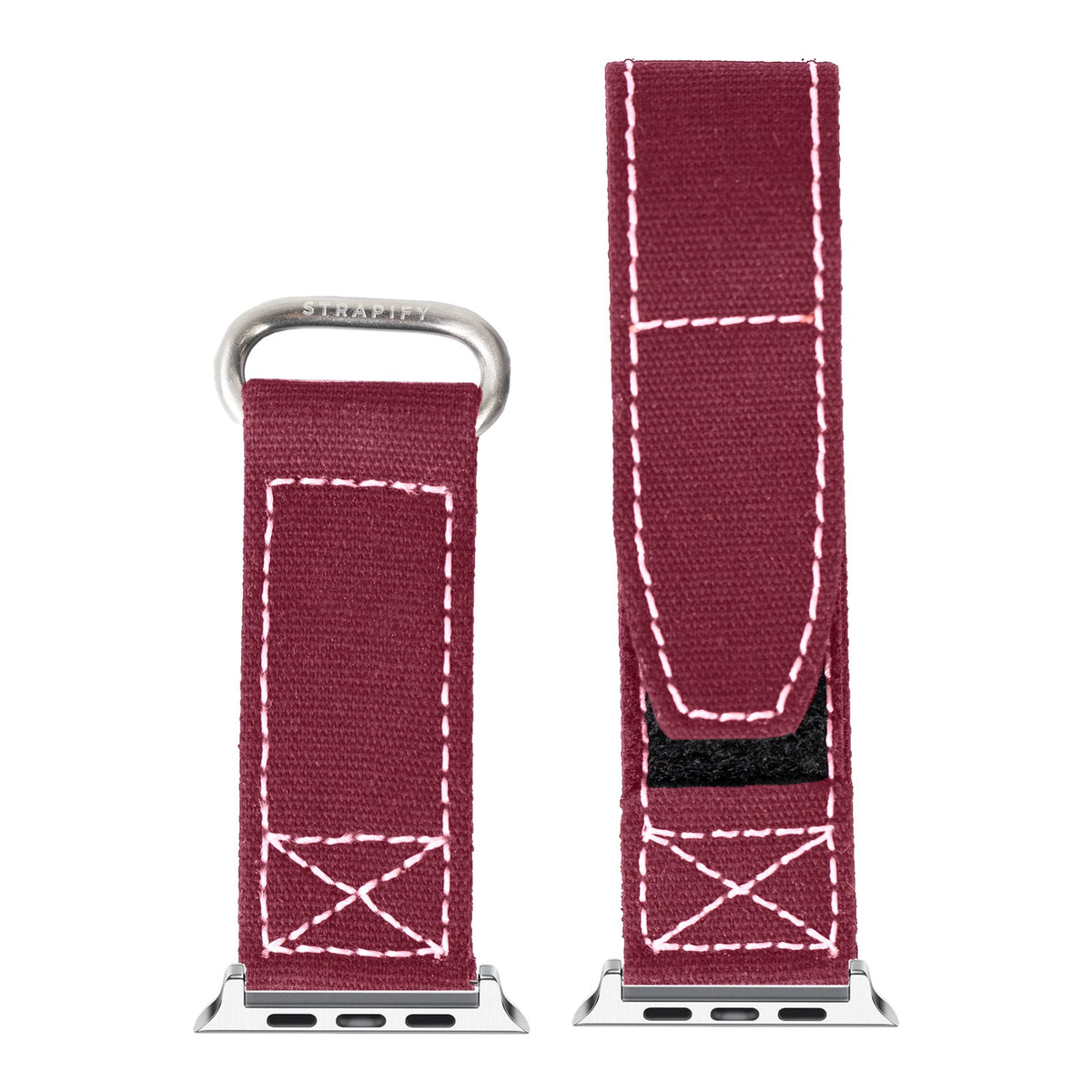 [Apple Watch] Military Velcro - Wine Red | White Stitching with Silver Apple Watch connecters