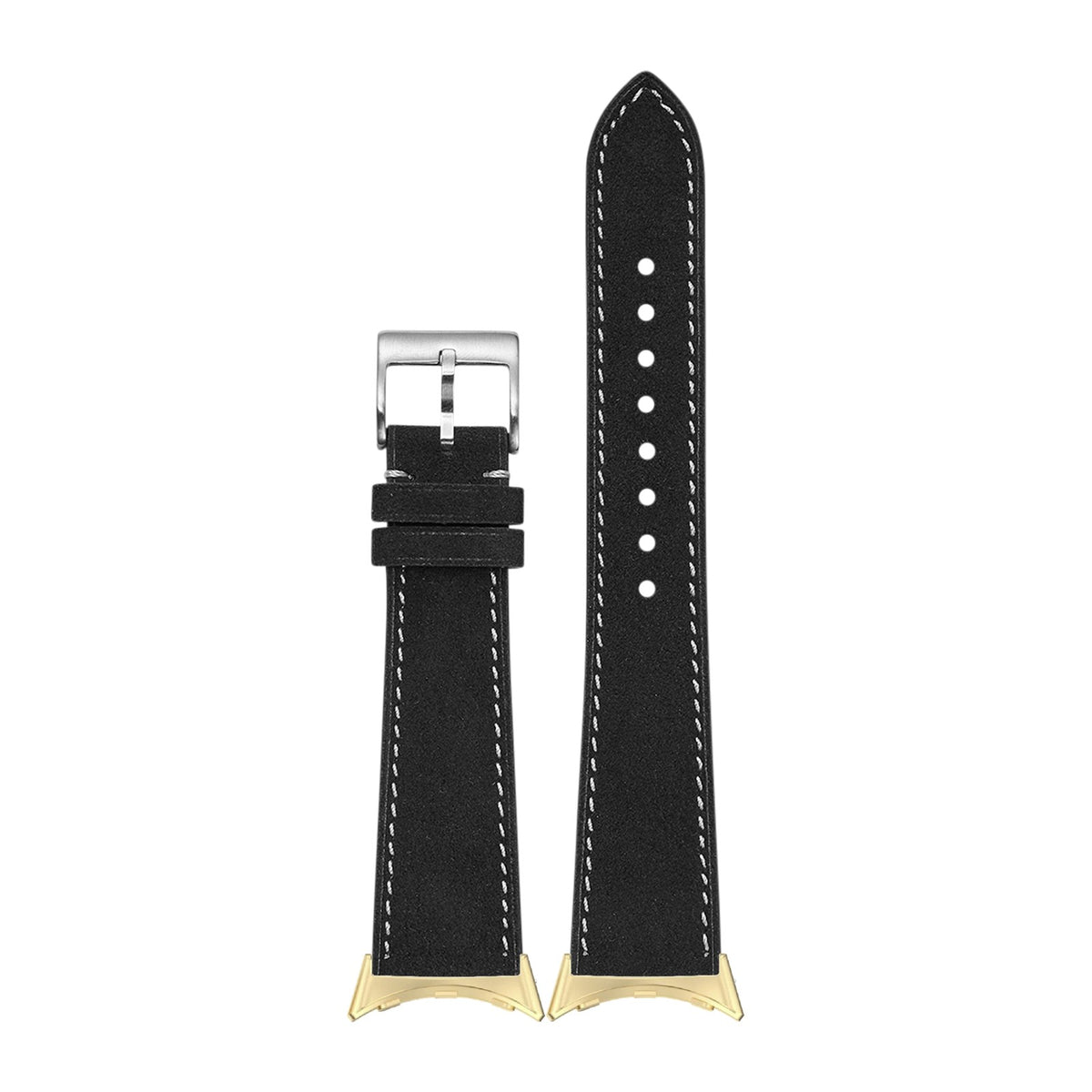 Alcantara Leather - Black | White Stitching Gold with Google Pixel Spring Bar Adapters - Wear Any 20mm Strap! for Pixel Watch 1-5 41mm