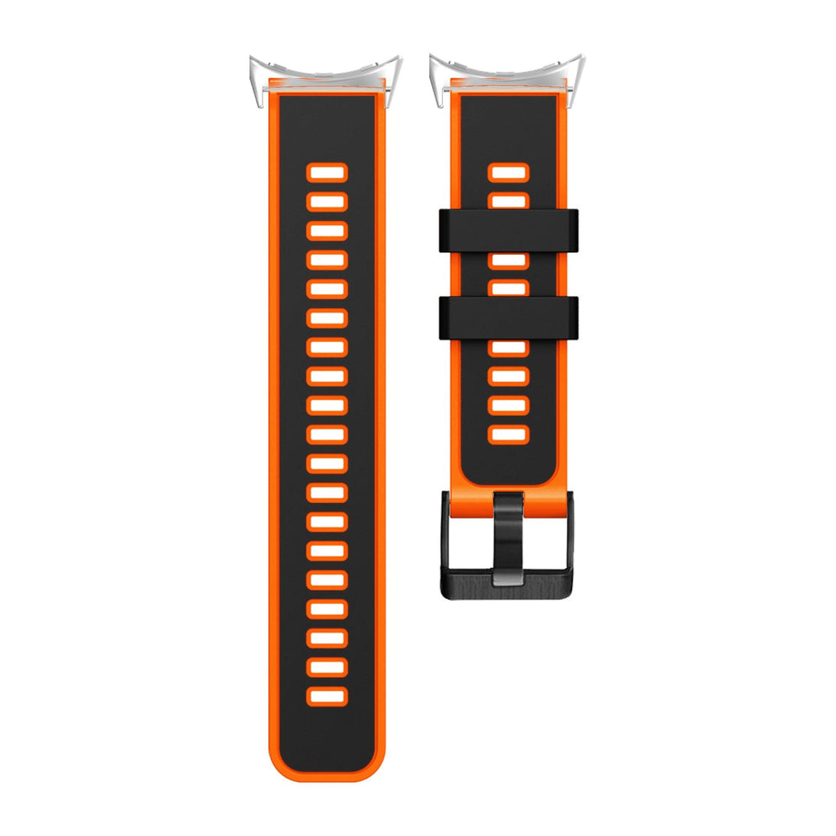 Two Tone Silicone Black / Orange Silver with Black Hardware with Google Pixel Spring Bar Adapters - Wear Any 20mm Strap! for Pixel Watch 1-5 41mm
