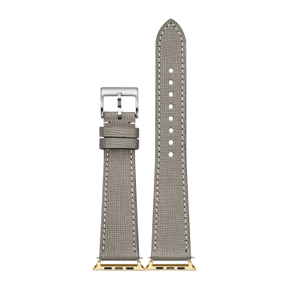 Chevre Saffiano Leather - Taupe Grey Gold with White Stitching with Connecters - Spring Bar Type for Apple Watch