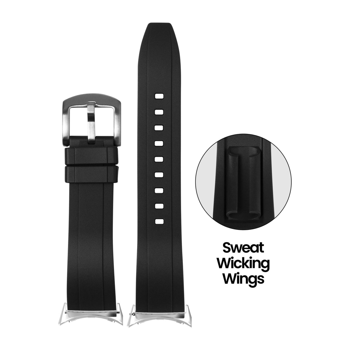 Kingston FKM Rubber - Black Silver with Google Pixel Spring Bar Adapters - Wear Any 20mm Strap! for Pixel Watch 1-5 41mm