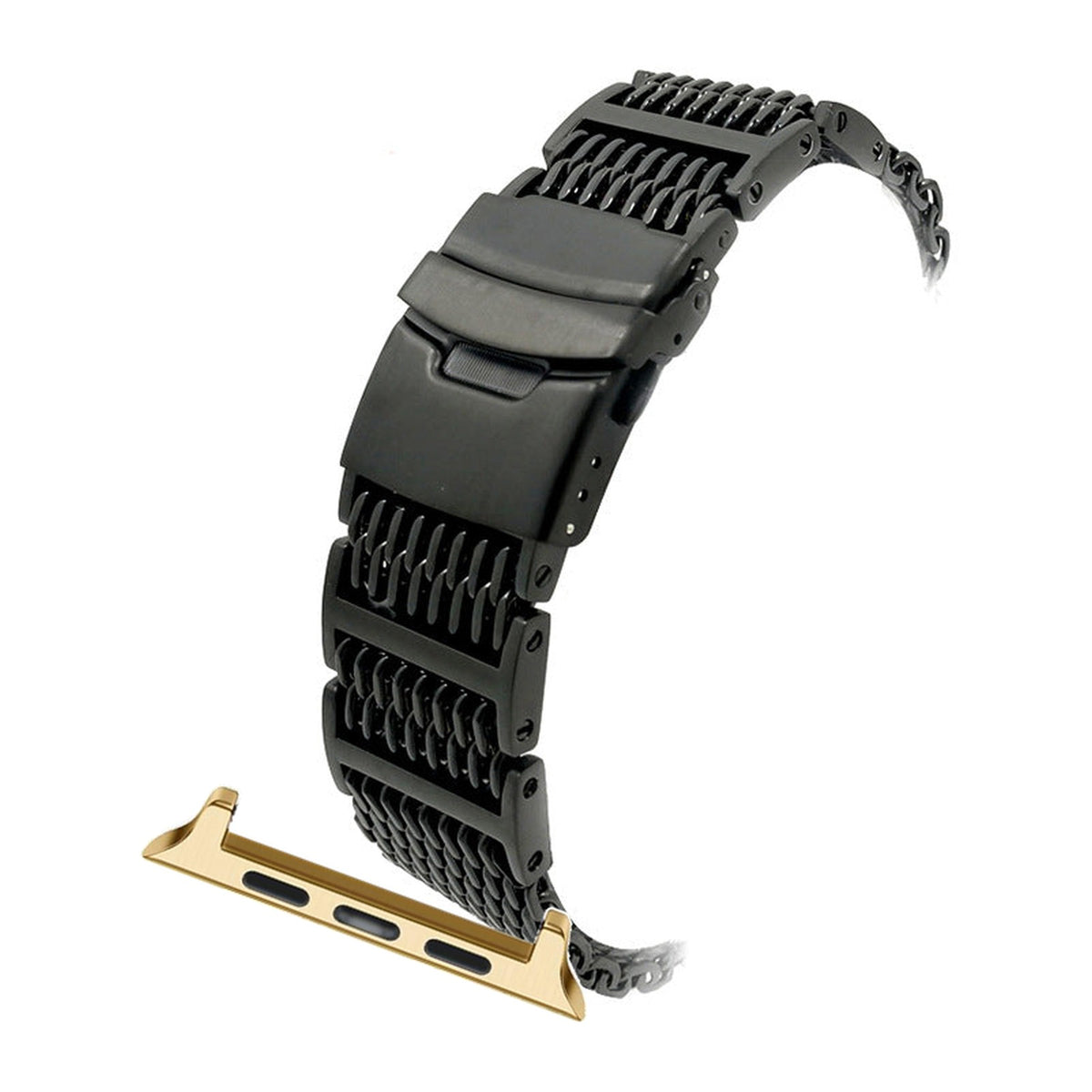 Shark Mesh Bracelet - Folding Deployant Clasp - Black Gold with Connecters - Spring Bar Type for Apple Watch