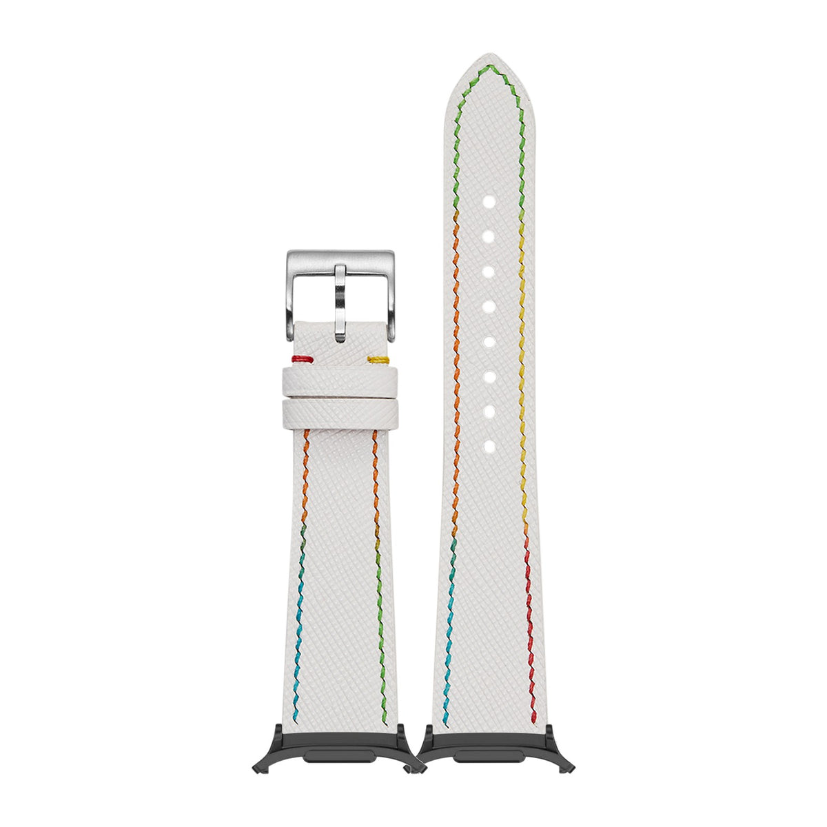 Chevre Saffiano - White | Rainbow Stitching for the Galaxy Watch 8, 9 and Ultra with adapter fitted