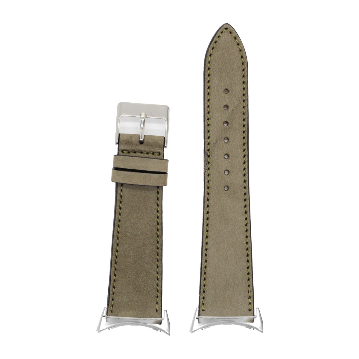 Nubuck Leather - Olive Green Silver with Google Pixel Spring Bar Adapters - Wear Any 20mm Strap! for Pixel Watch 3-5 45mm