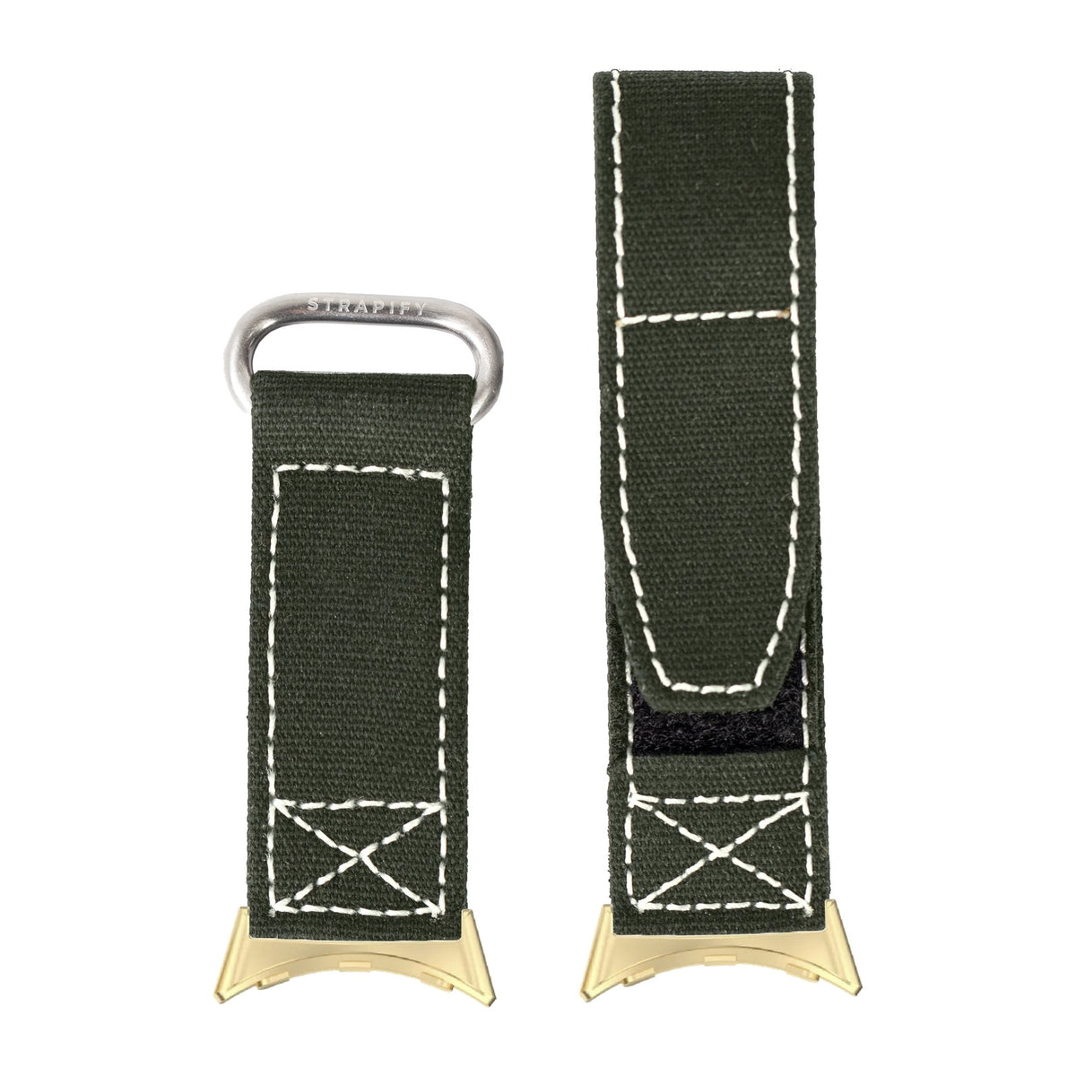 Military Velcro - Army Green | White Stitching Gold with Google Pixel Spring Bar Adapters - Wear Any 20mm Strap! for Pixel Watch 3-5 45mm