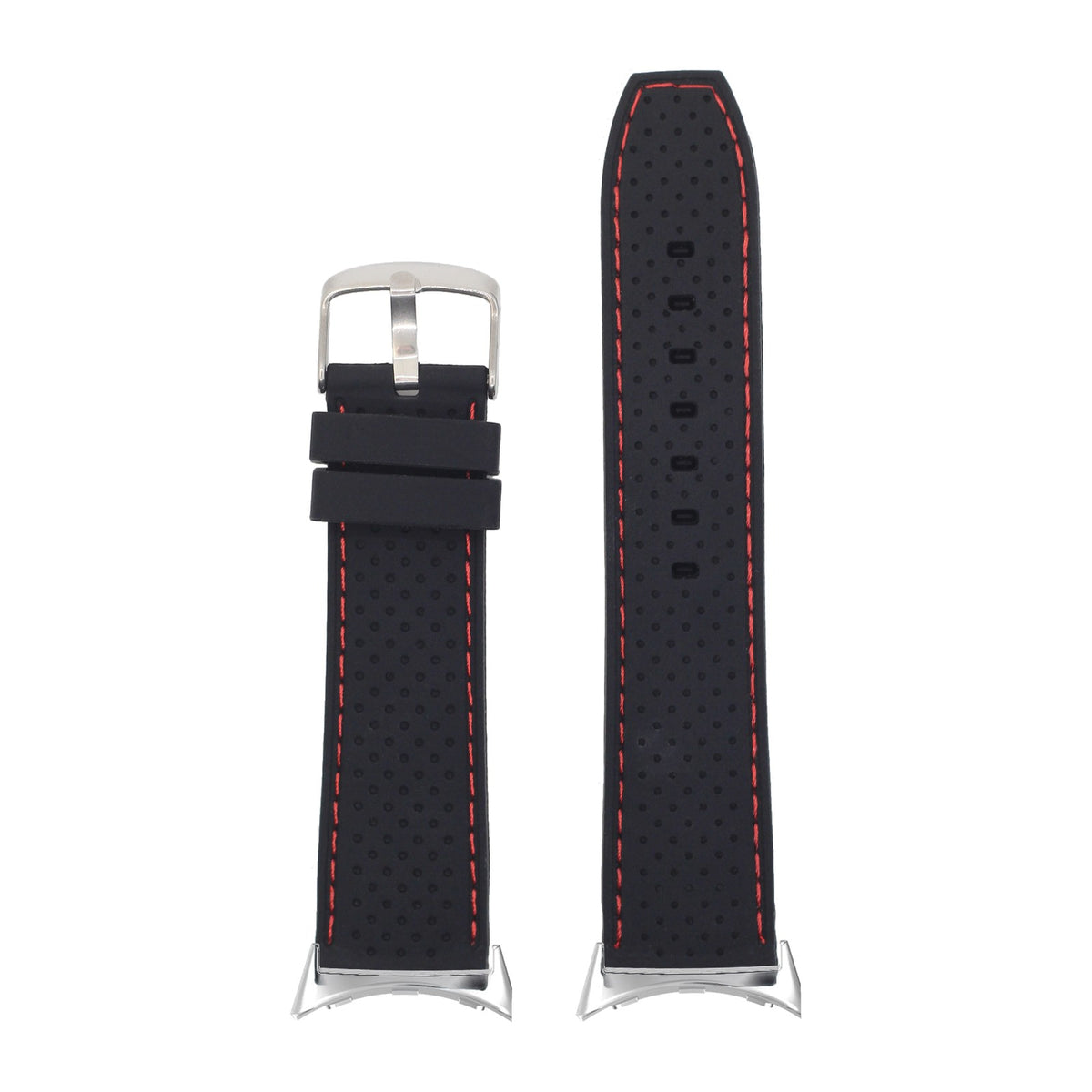 Perforated Flexi Silicone Black | Red Stitching Silver with Google Pixel Spring Bar Adapters - Wear Any 20mm Strap! for Pixel Watch 3-5 45mm