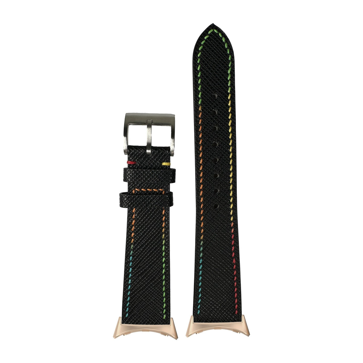 Chevre Saffiano - Black | Rainbow Stitching Rose Gold with Google Pixel Spring Bar Adapters - Wear Any 20mm Strap! for Pixel Watch 3-5 45mm