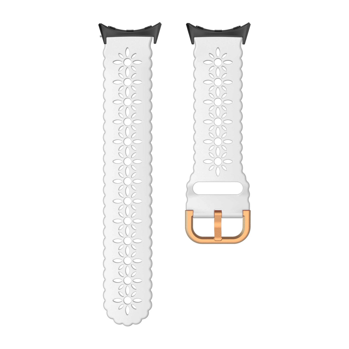 Floral Silicone [Rose Gold Hardware] Black with Google Pixel Spring Bar Adapters - Wear Any 20mm Strap! for Pixel Watch 3-5 45mm