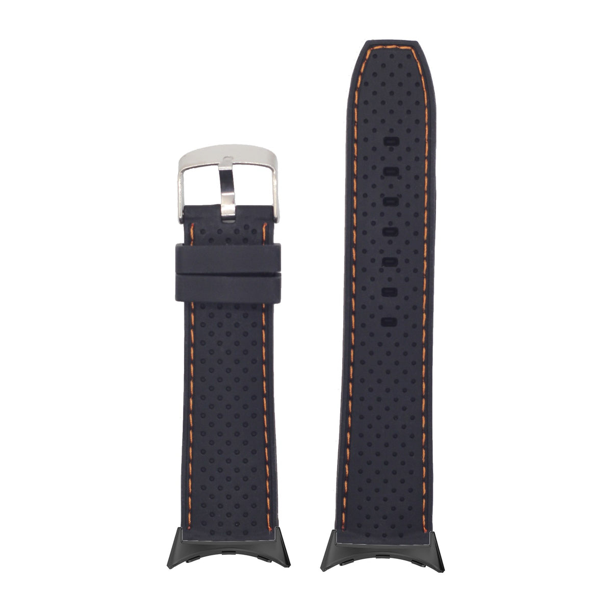 Perforated Flexi Silicone Black | Orange Stitching Black with Google Pixel Spring Bar Adapters - Wear Any 20mm Strap! for Pixel Watch 3-5 45mm