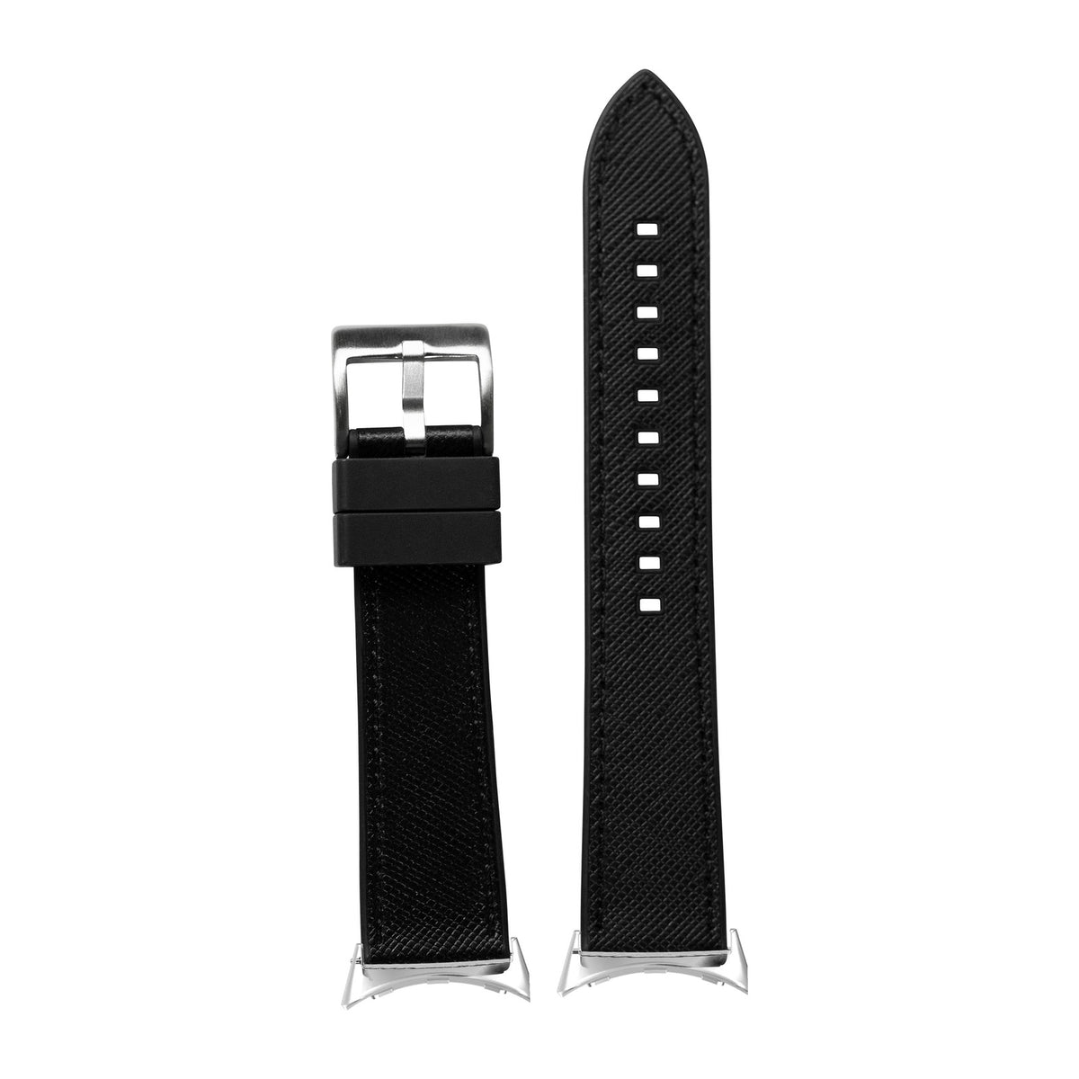 Saffiano Leather & FKM Rubber Hybrid Black Silver with Google Pixel Spring Bar Adapters - Wear Any 20mm Strap! for Pixel Watch 1-5 41mm