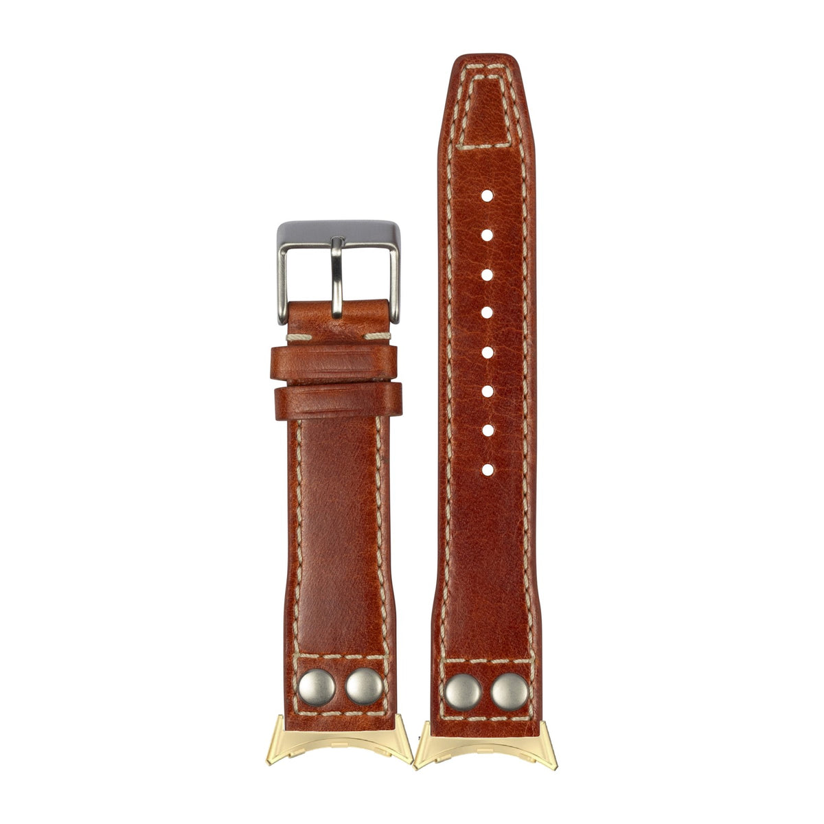 Pilot Leather Gold with Rivets - Brown with Google Pixel Spring Bar Adapters - Wear Any 20mm Strap! for Pixel Watch 3-5 45mm