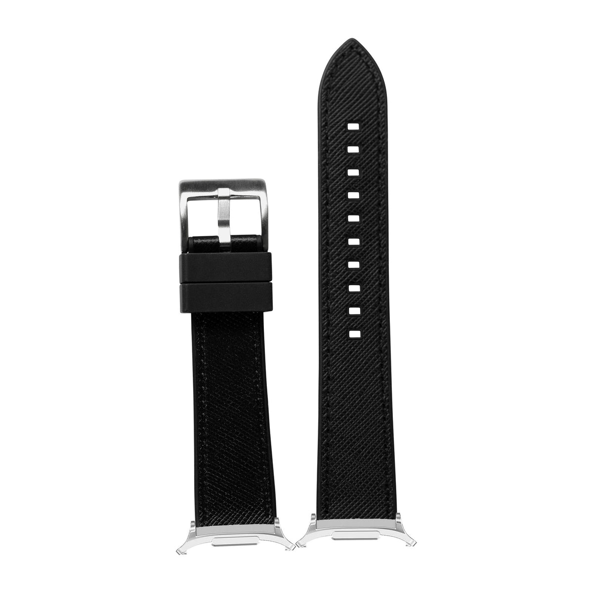 Saffiano Leather & FKM Rubber Hybrid Black Silver with Strap Adapter for Galaxy Watch 8-9/Ultra