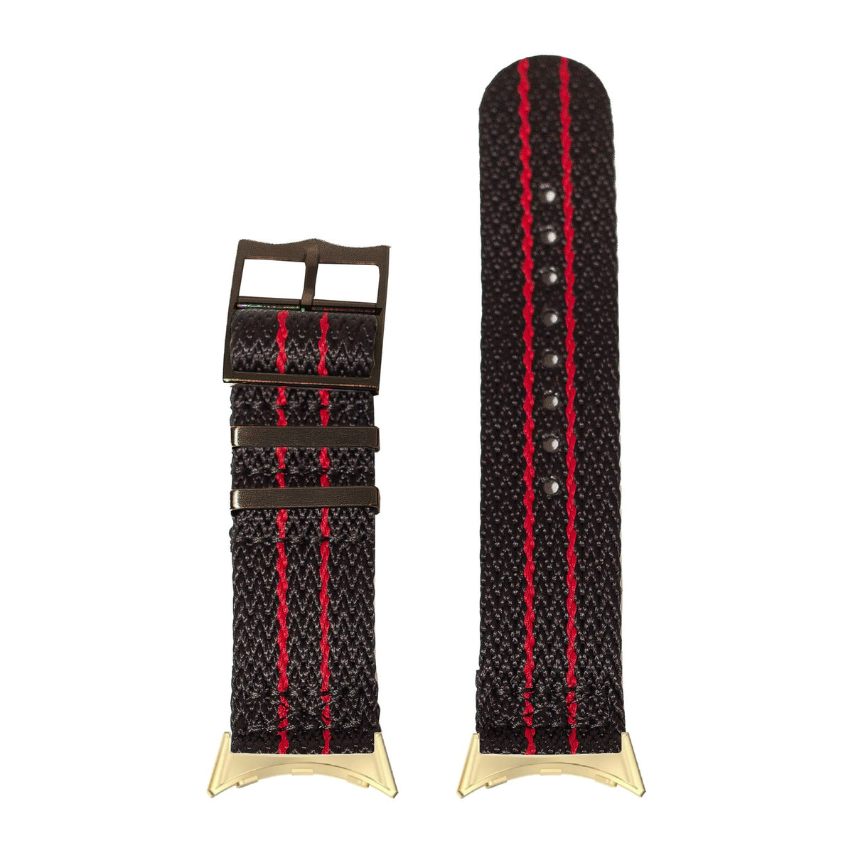 Sharktooth Militex - Black / Red Black Hardware Gold with Google Pixel Spring Bar Adapters - Wear Any 20mm Strap! for Pixel Watch 3-5 45mm
