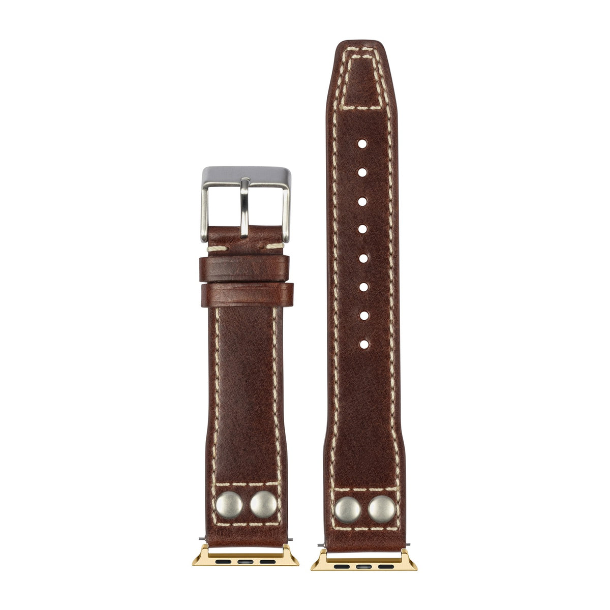 Pilot Leather Gold with Rivets - Dark Brown with Connecters - Spring Bar Type for Apple Watch