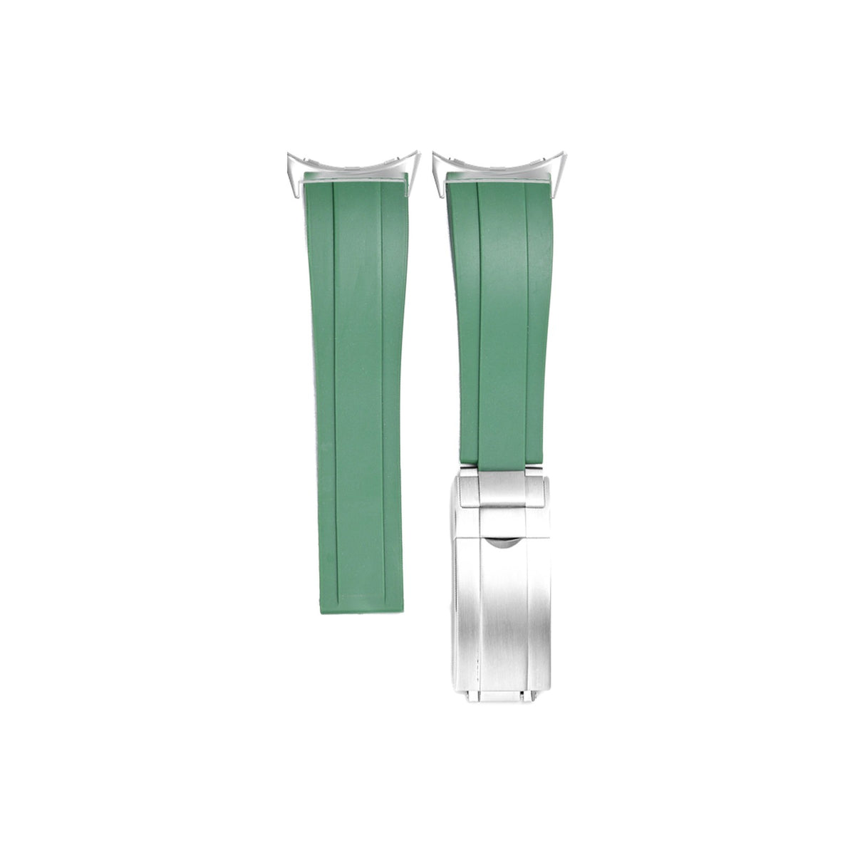 Vulcanised Rubber Silver with Oyster Clasp - Green with Google Pixel Spring Bar Adapters - Wear Any 20mm Strap! for Pixel Watch 3-5 45mm