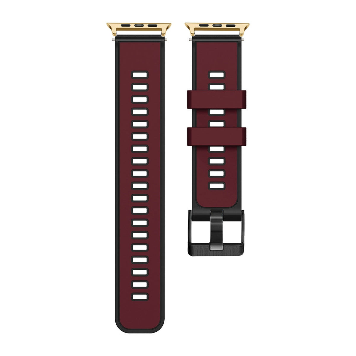 Two Tone Silicone Maroon / Black Gold with Black Hardware with Connecters - Spring Bar Type for Apple Watch