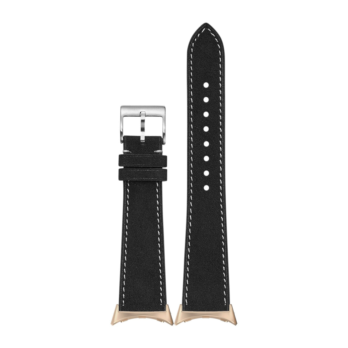 Alcantara Leather - Black | White Stitching Rose Gold with Google Pixel Spring Bar Adapters - Wear Any 20mm Strap! for Pixel Watch 1-5 41mm