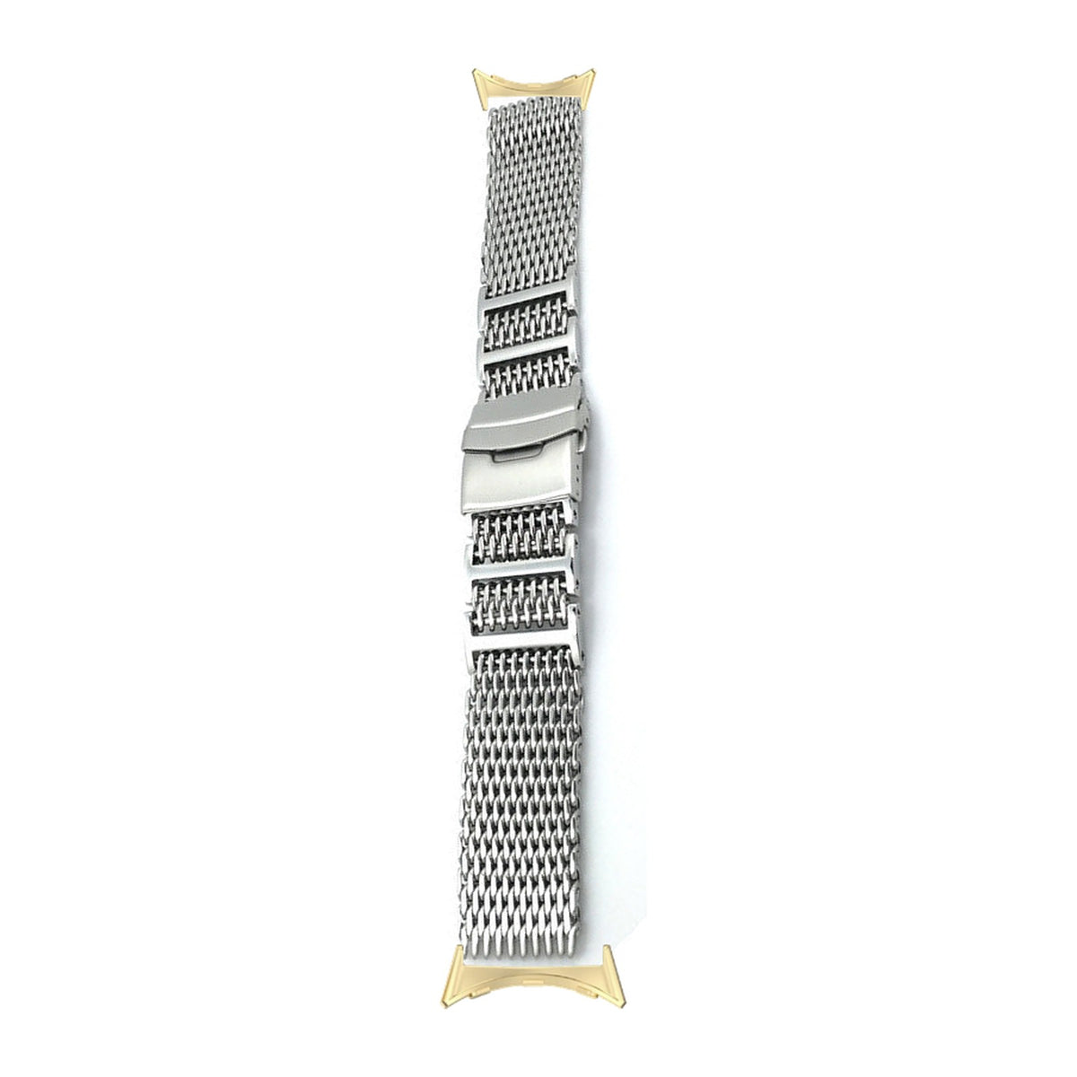 Shark Mesh Bracelet - Folding Deployant Clasp - Silver Gold with Google Pixel Spring Bar Adapters - Wear Any 20mm Strap! for Pixel Watch 3-5 45mm