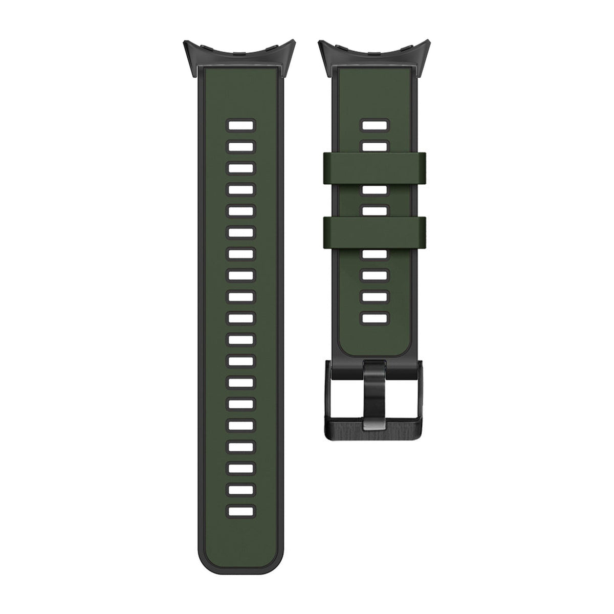 Two Tone Silicone Army Green / Black Black with Black Hardware with Google Pixel Spring Bar Adapters - Wear Any 20mm Strap! for Pixel Watch 3-5 45mm