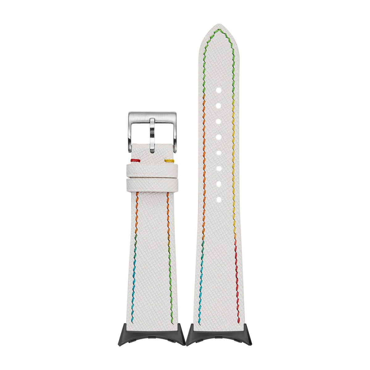 Chevre Saffiano - White | Rainbow Stitching with Google Pixel Spring Bar Adapters - Wear Any 20mm Strap! for Pixel Watch 3-5 45mm