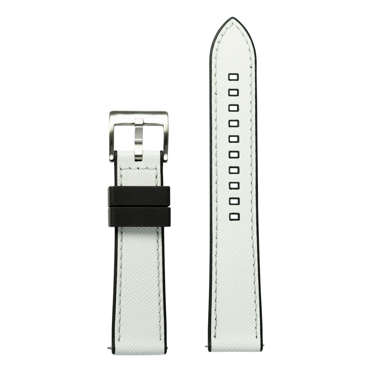 White Saffiano leather and FKM rubber hybrid Apple Watch band with stainless steel buckle and contrast stitching