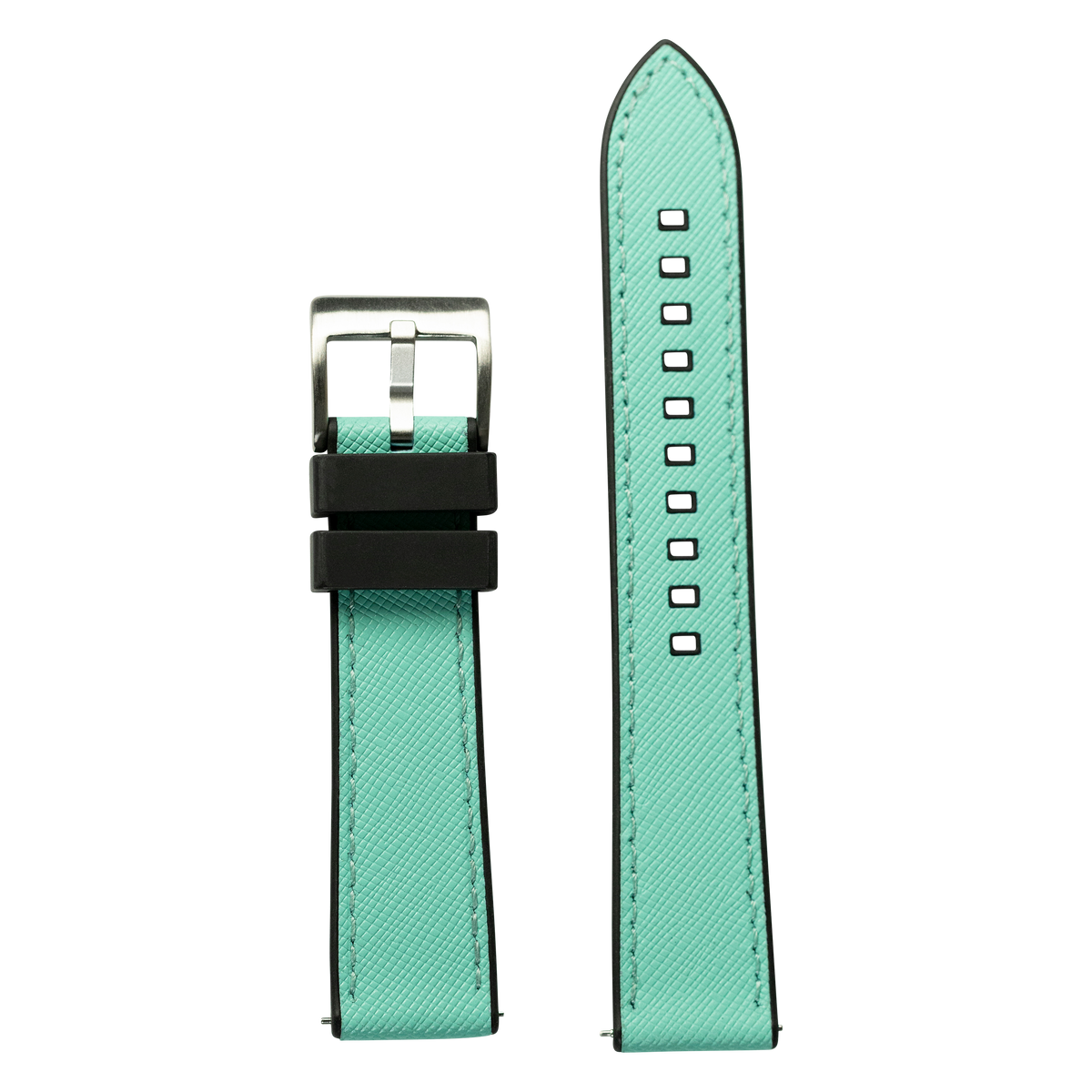 Mint green saffiano leather Apple Watch band with black FKM rubber hybrid strap and silver buckle closure