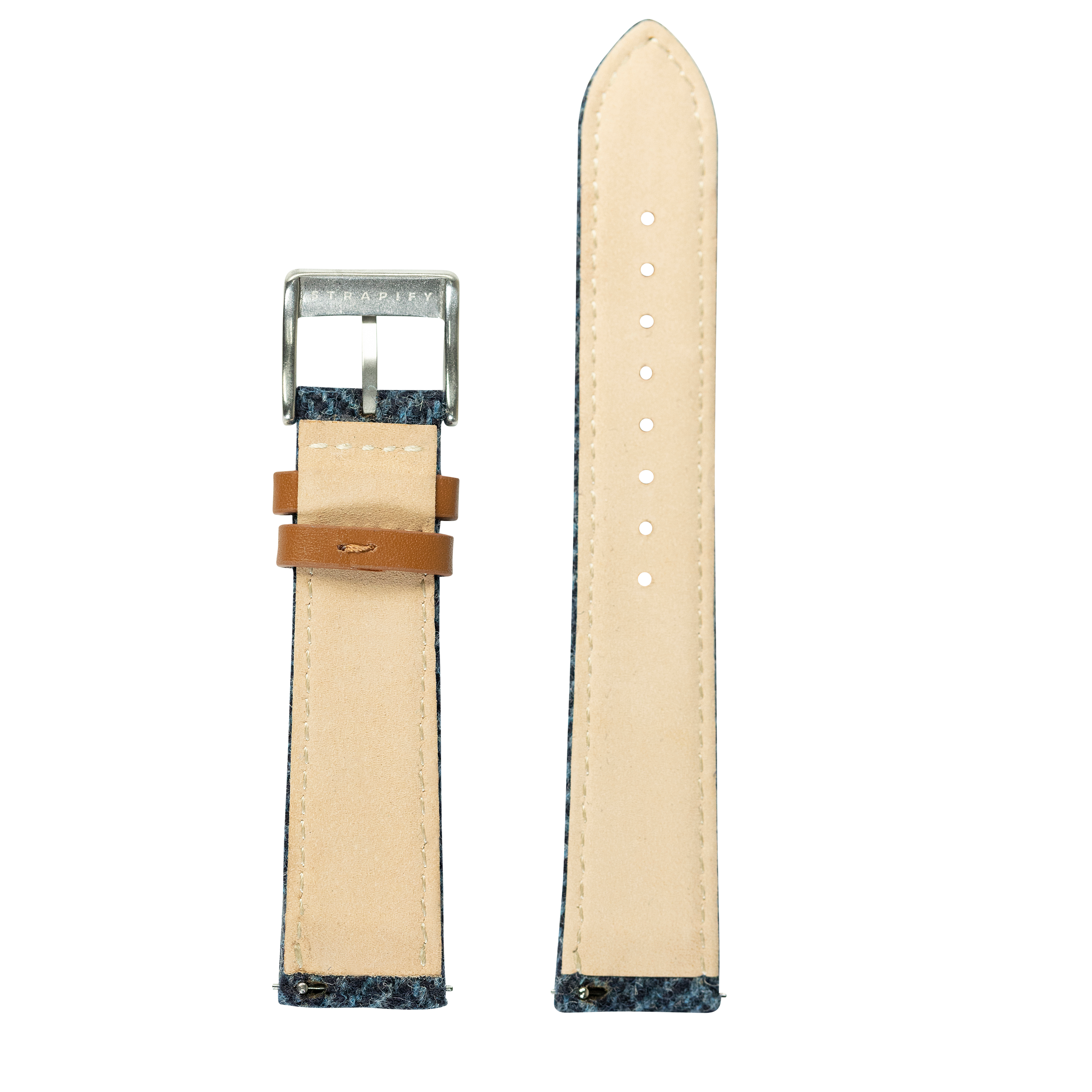 Cream leather quick release watch strap with blue Harris Tweed® herringbone fabric trim and silver buckle