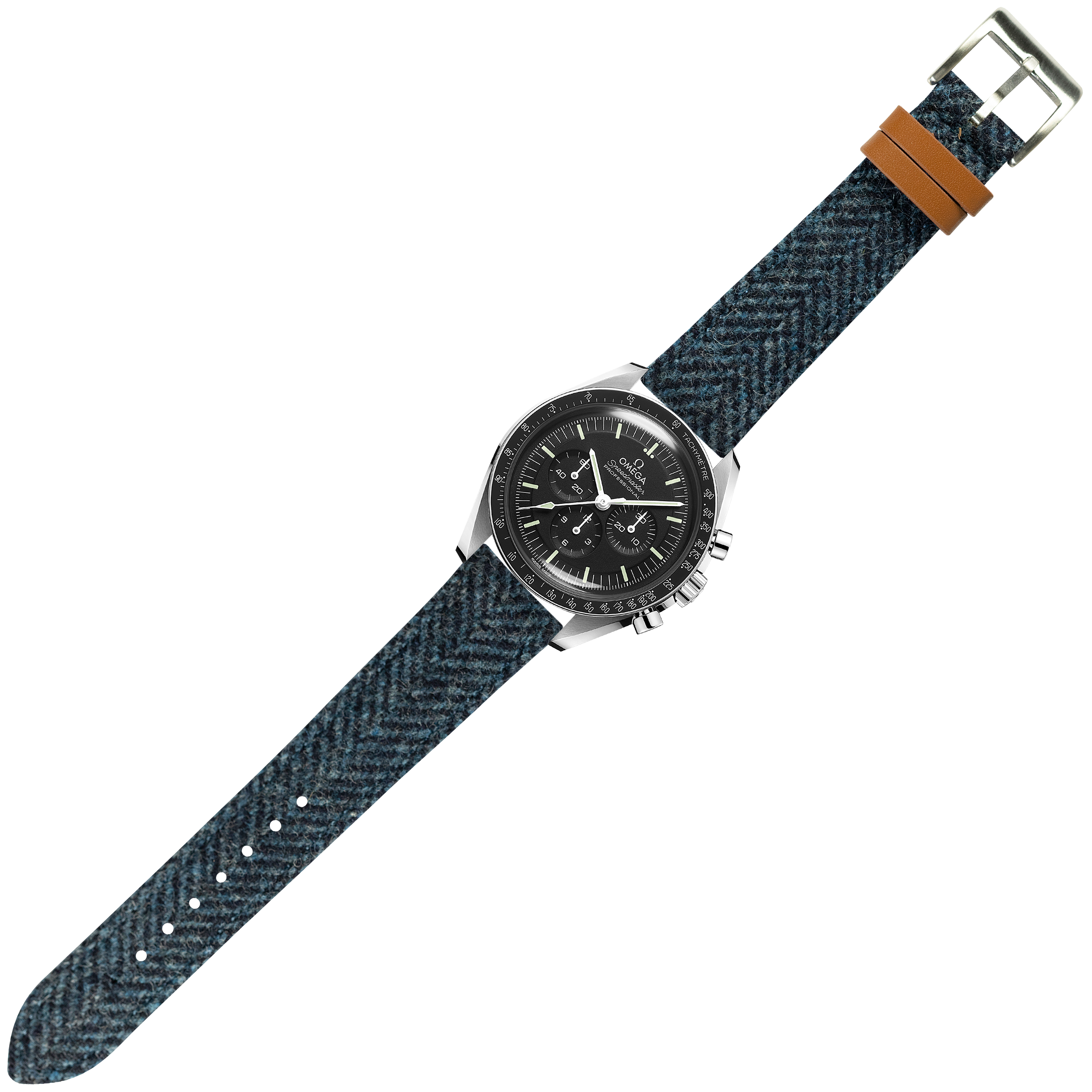 Silver chronograph watch with black dial and teal herringbone tweed quick-release strap with tan leather keeper
