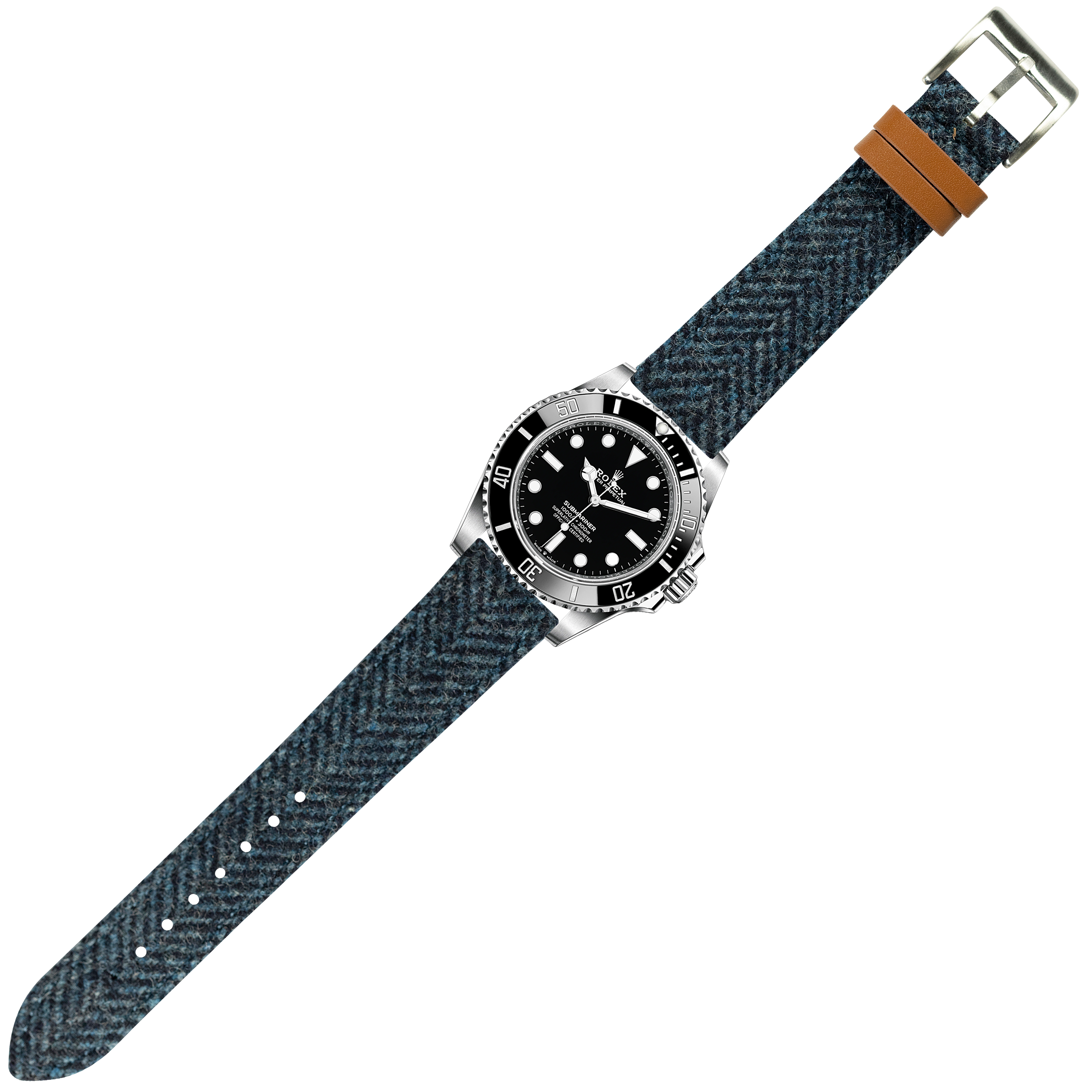 Luxury dive watch with black dial and steel case on blue herringbone Harris Tweed quick release strap with tan leather keeper