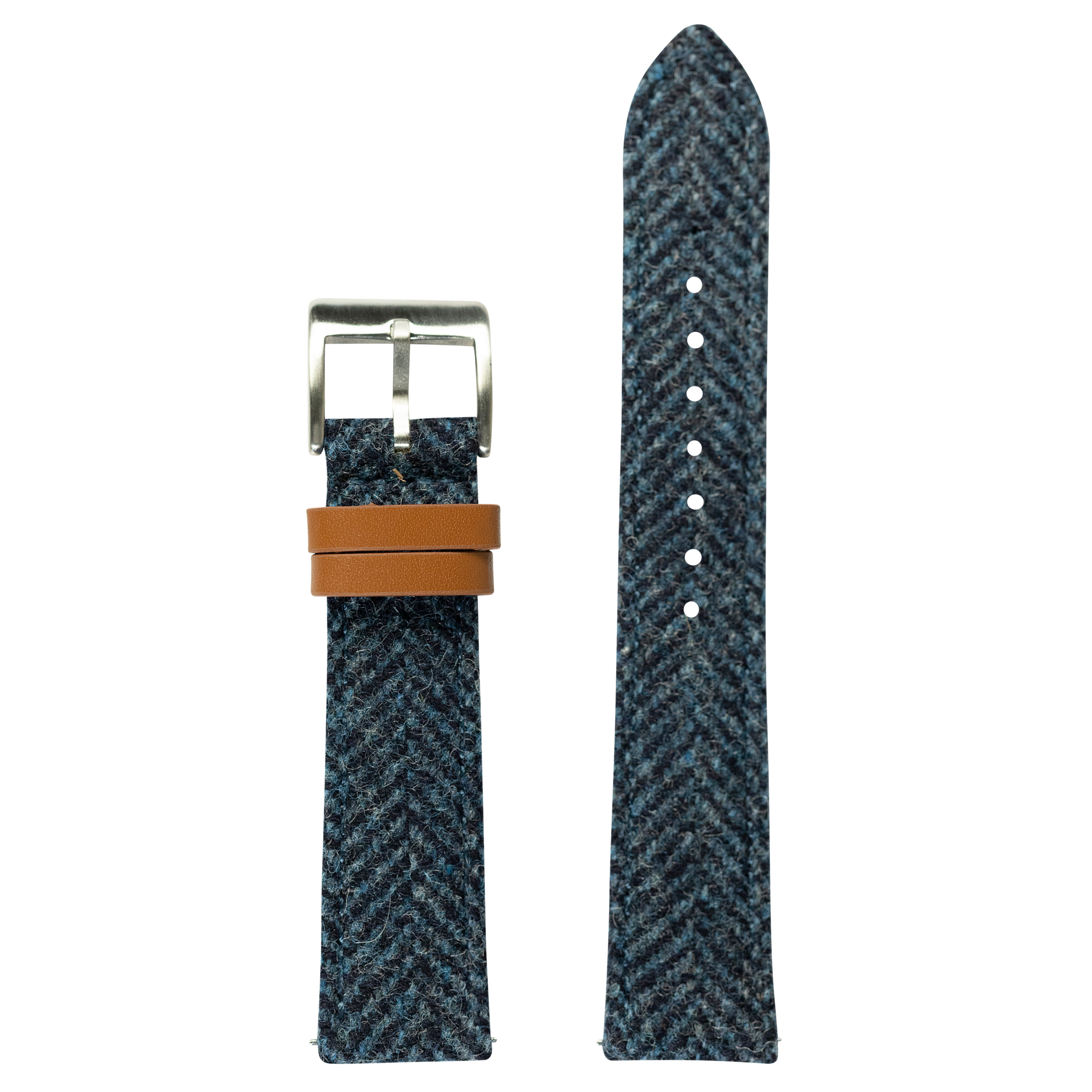 Harris Tweed herringbone blue watch strap with quick release, tan leather keeper and silver buckle