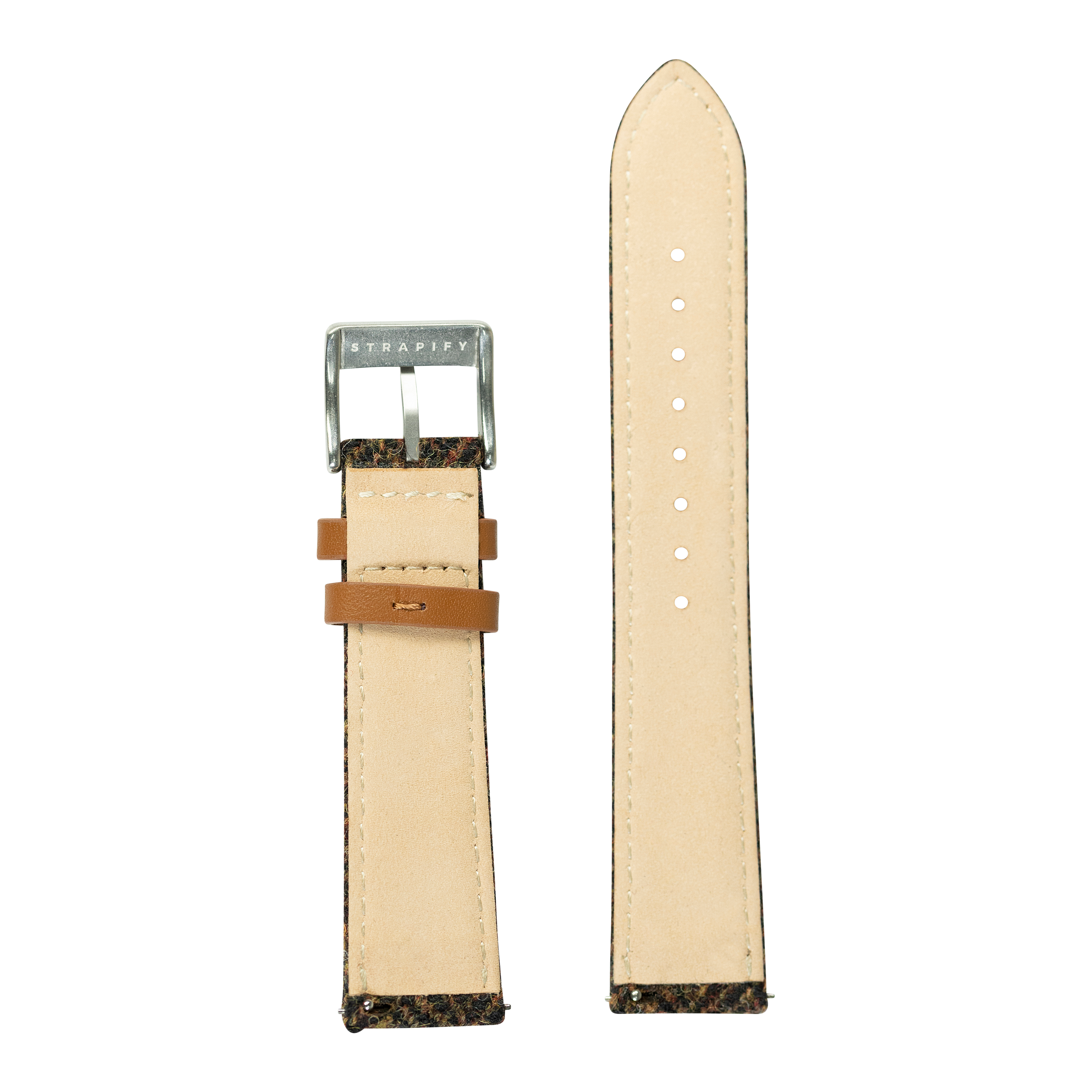 Harris Tweed herringbone brown quick release watch strap with leather backing and metal buckle