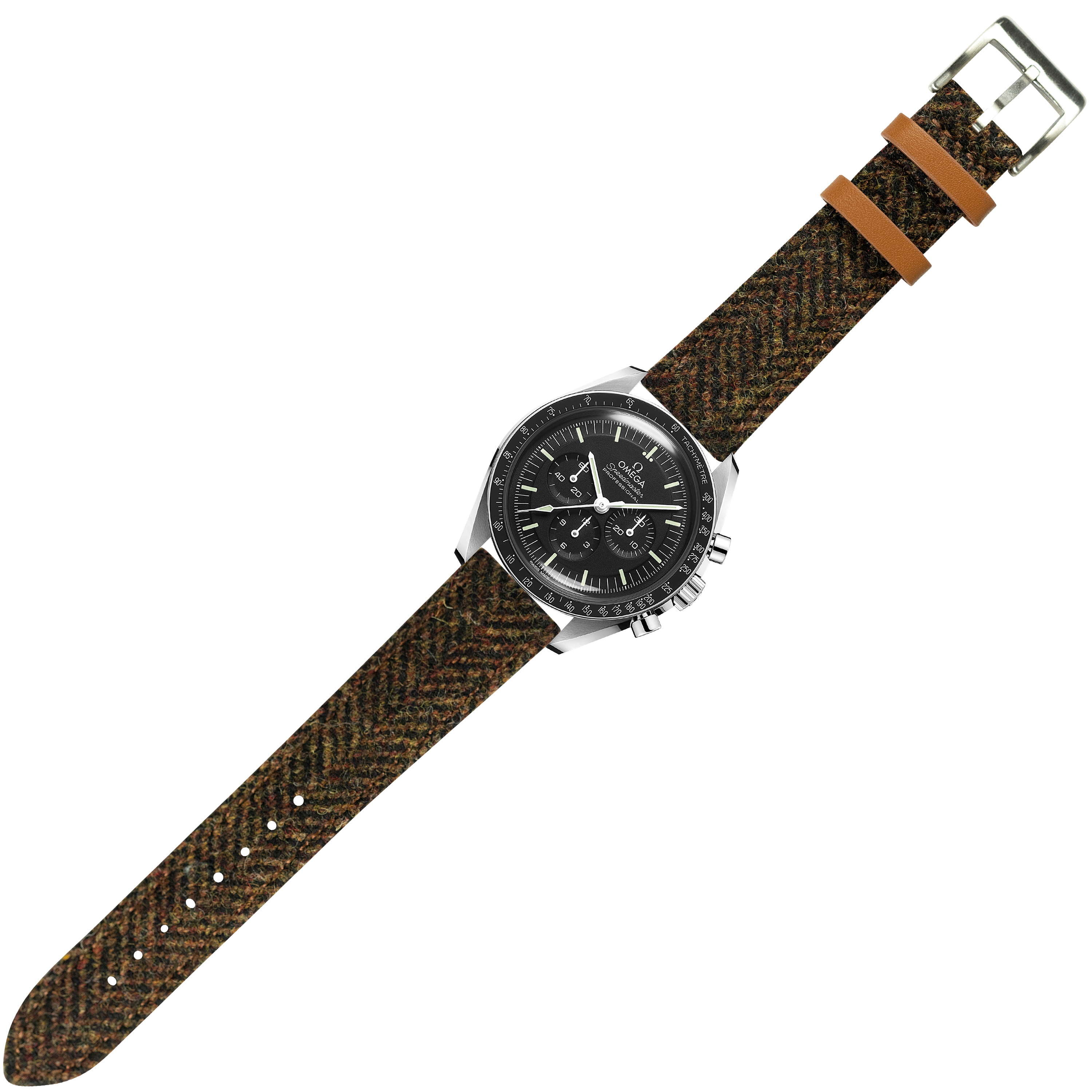 Stainless steel chronograph watch with black dial and Harris Tweed herringbone brown fabric strap with tan leather keepers