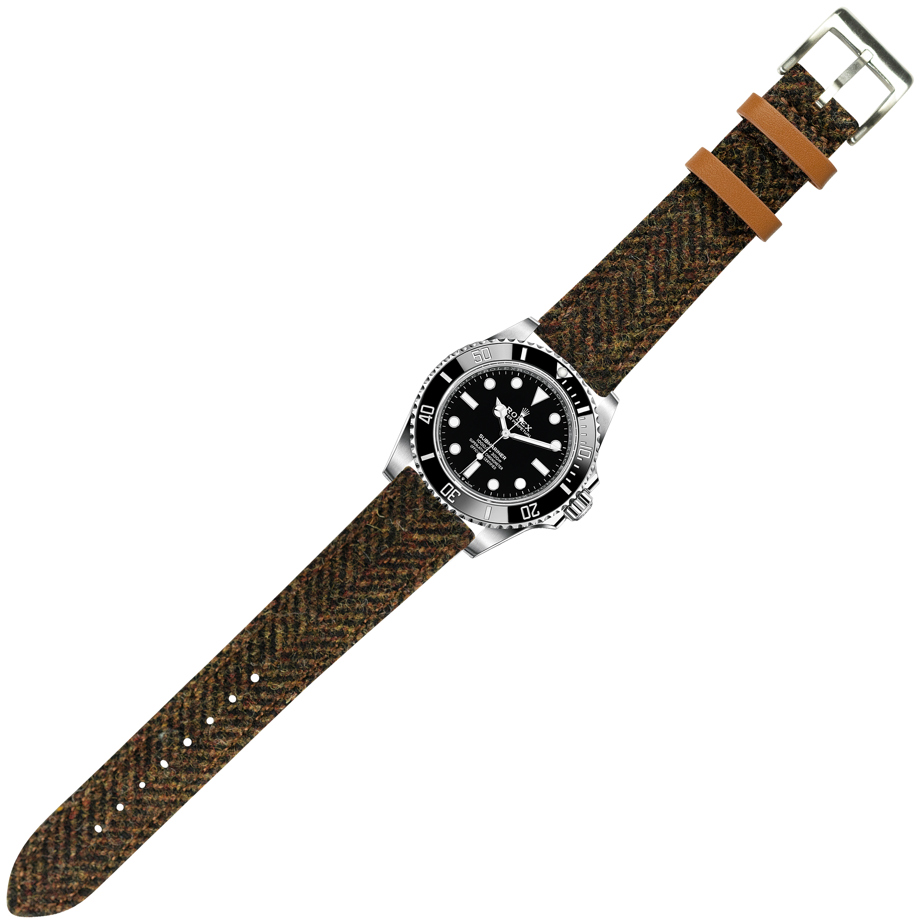Luxury dive watch with stainless steel case and black dial on brown Harris Tweed herringbone quick release strap with tan leather accents