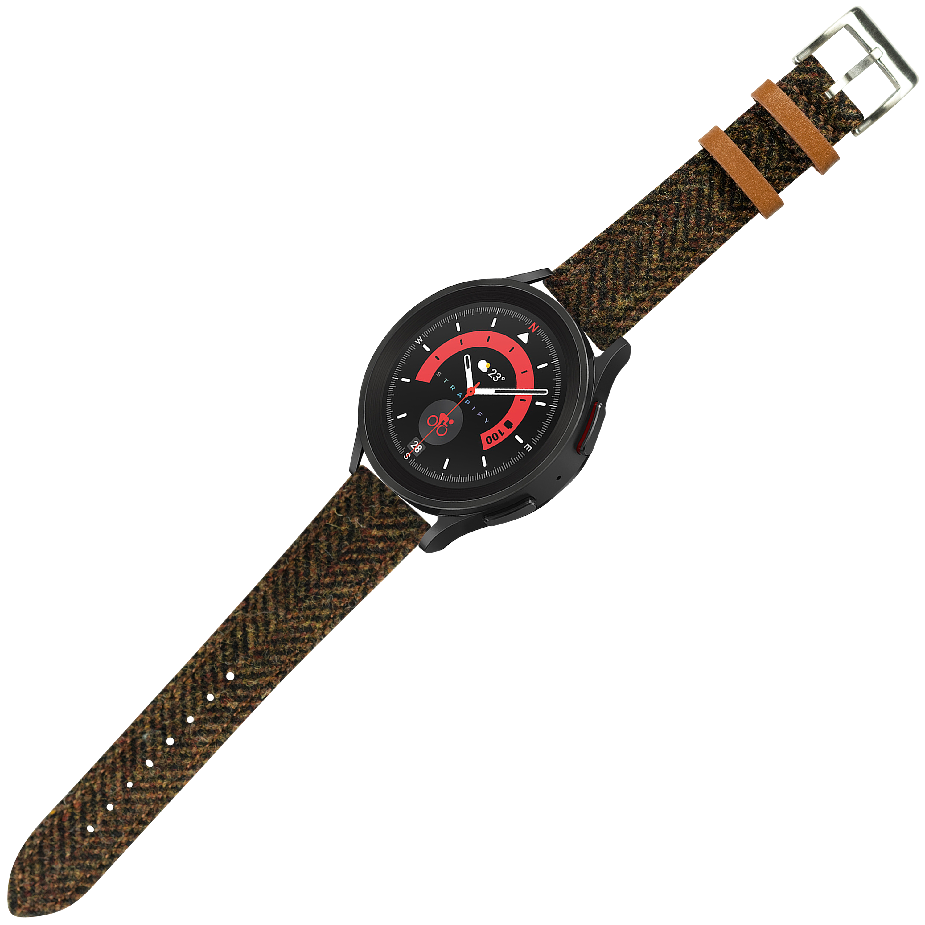 Black dial watch with red accents, Harris Tweed herringbone brown fabric strap, quick release buckle