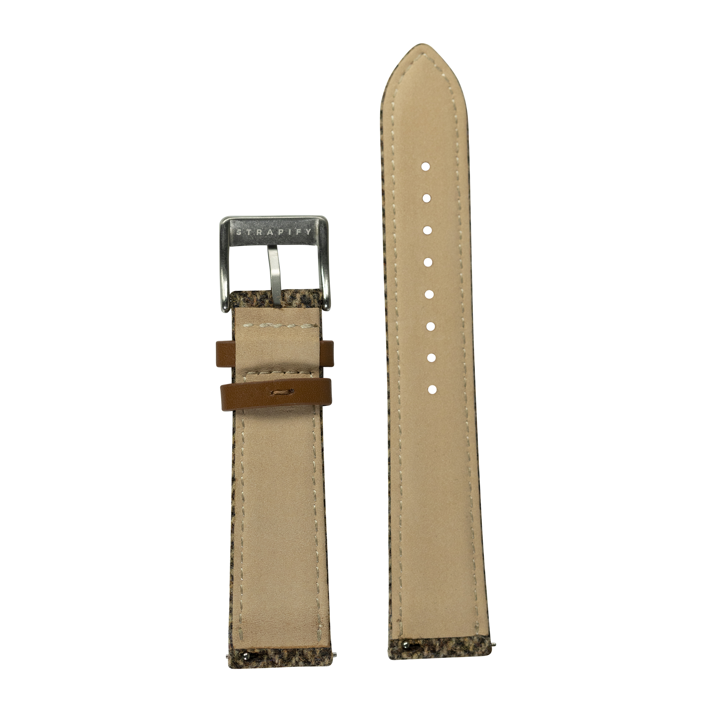 Tan leather watch strap with dark brown Harris Tweed herringbone detail, quick release pins, and metal buckle by Strapify