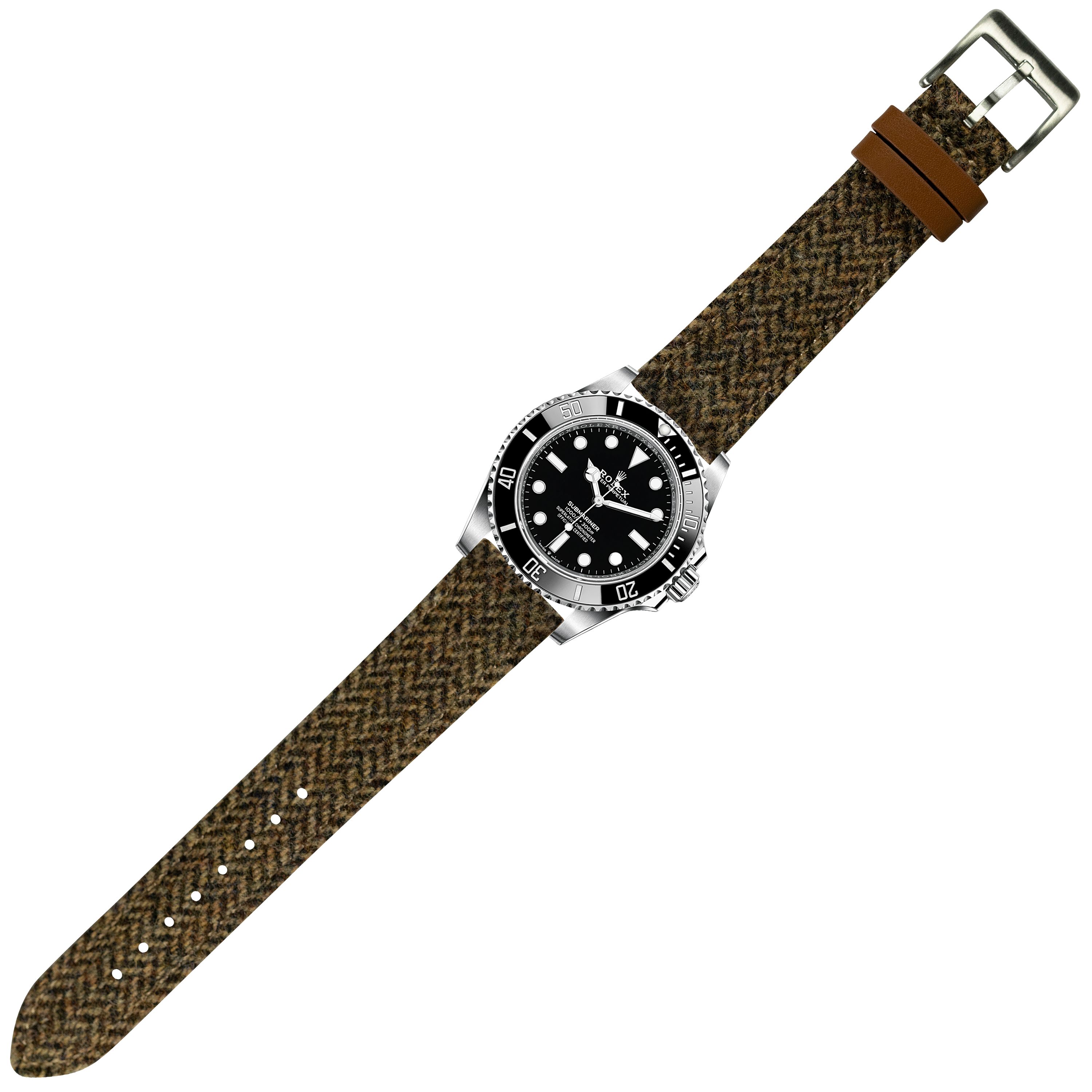 Luxury dive watch with stainless steel case and black dial on dark brown Harris Tweed herringbone quick release fabric strap