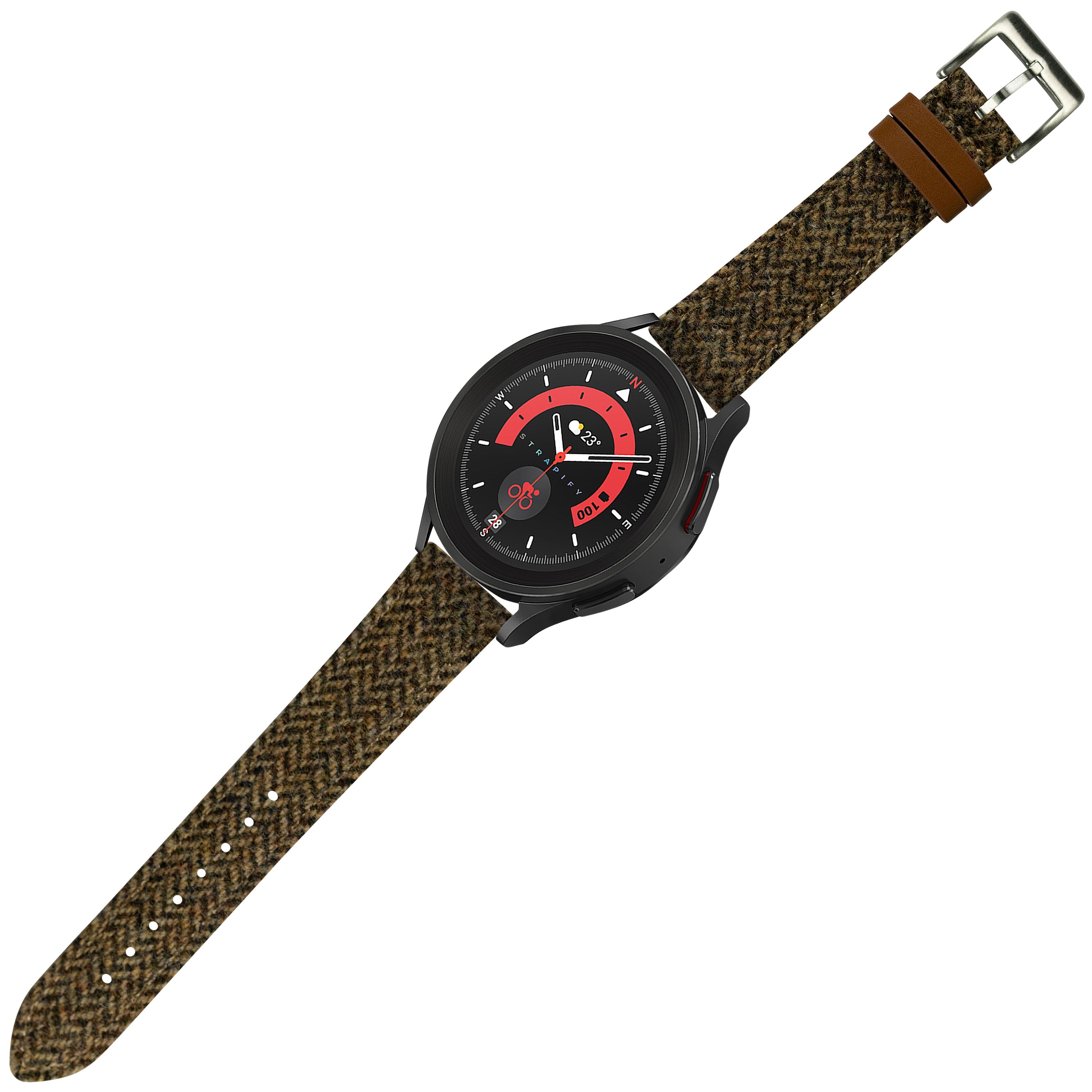 Black smartwatch with red dial and Harris Tweed herringbone dark brown fabric strap with quick release buckle